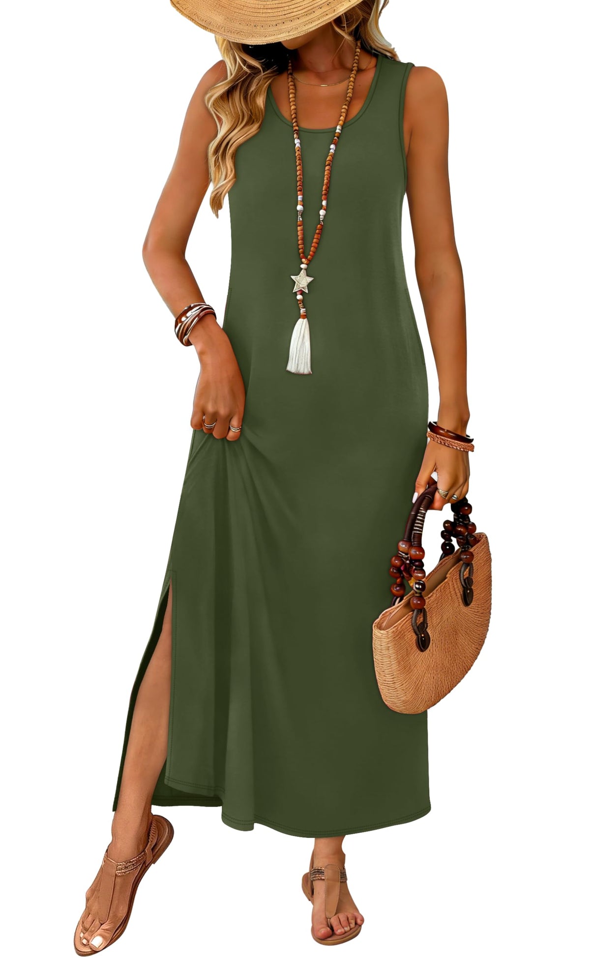WIHOLL Maxi Dress Summer Dresses 2026 Beach Vacation Clothes Sleeveless Sundresses with Pockets Boho S-3XL