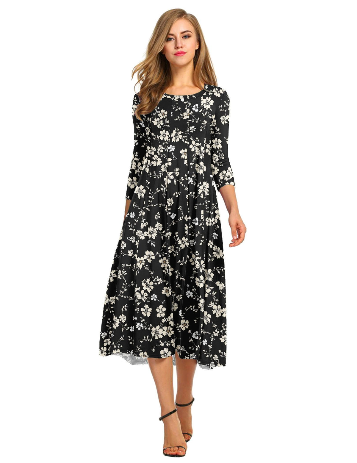 HOTOUCH Women's 3/4 Sleeve A-line and Flare Midi Long Dress