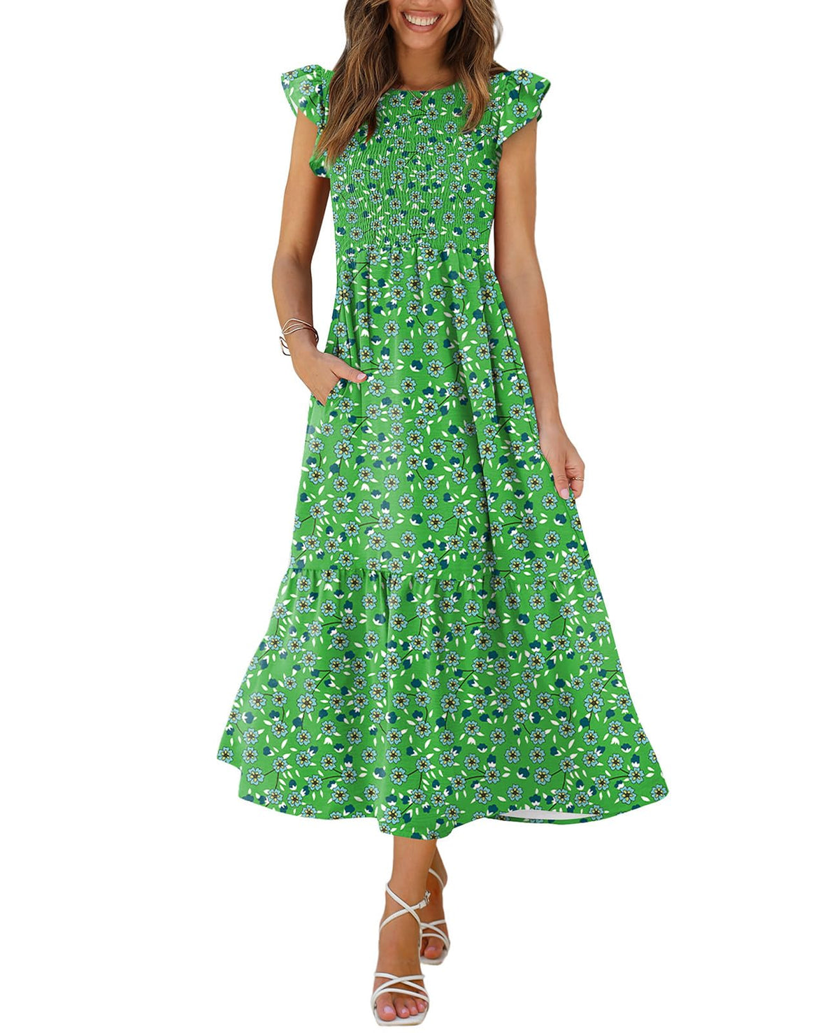 OFEEFAN Women's Casual Maxi Dresses with Pockets Ruffle Sleeve Smocked Dress XS-2XL