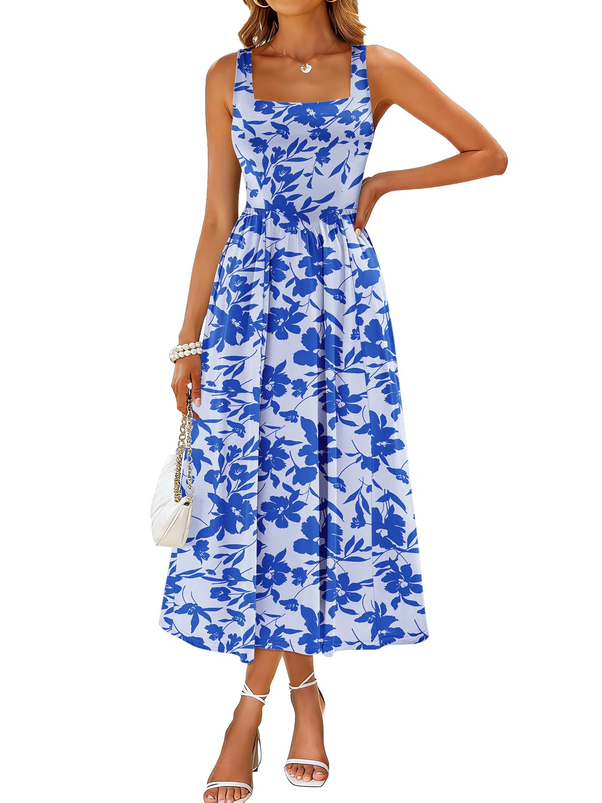 Sureple Midi Dresses for Women 2026 Spring Square Neck Tank Sleeveless A Line Casual Summer Sundresses with Pockets