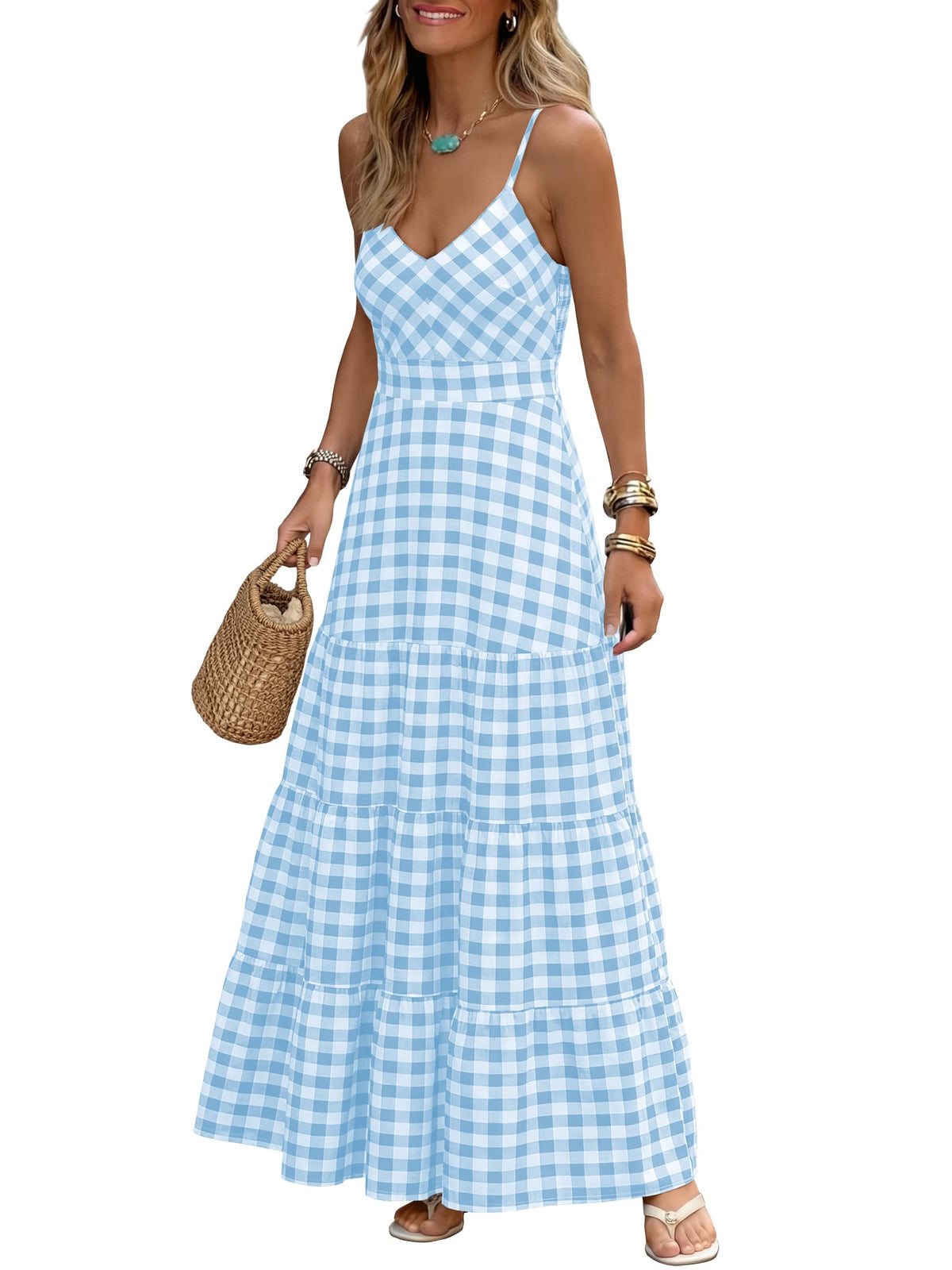 Caracilia Womens Summer Gingham Striped Flowy Spaghetti Strap Maxi Dress