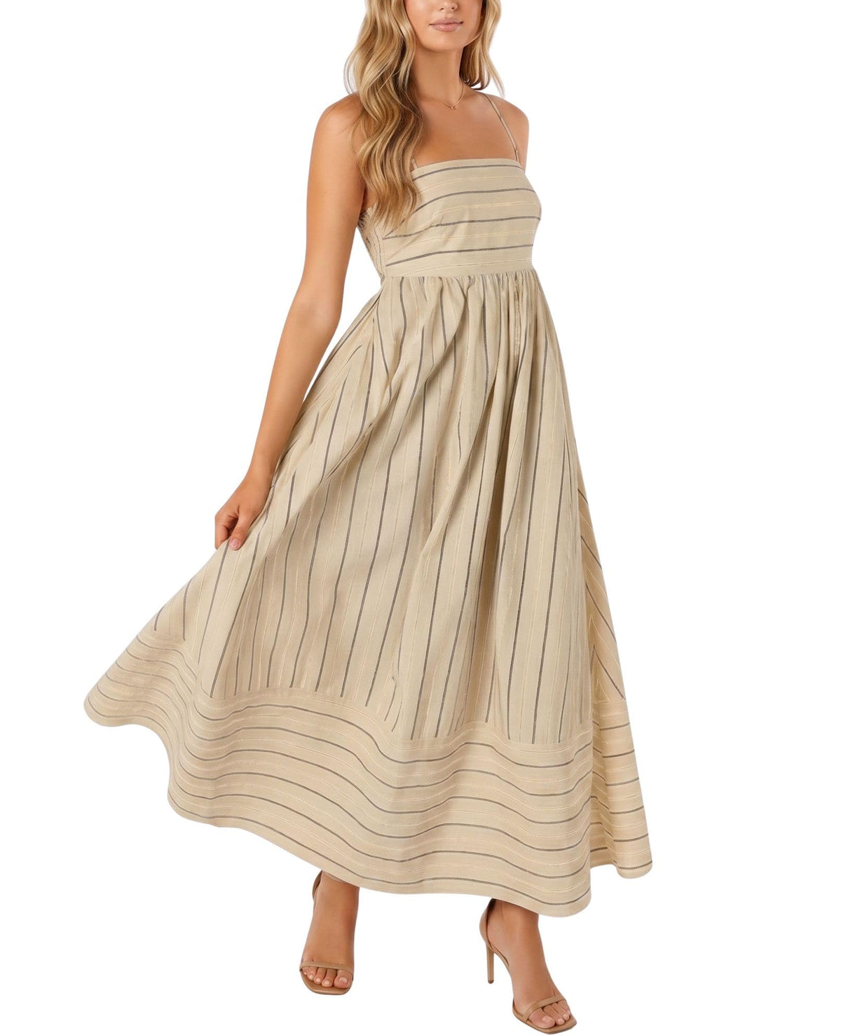 chouyatou Women's Striped Back Smocked Maxi Dress Sexy Spaghetti Strap Cut Out Flowy Swing Long Dress