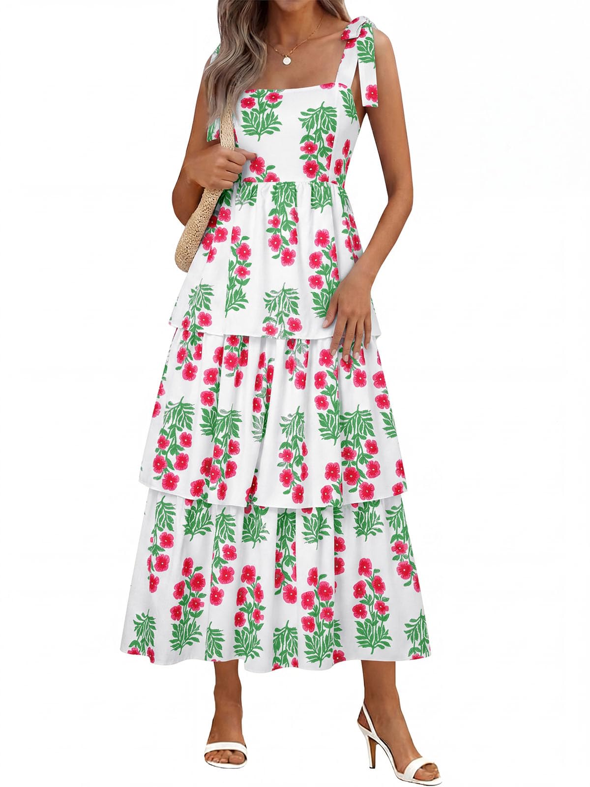Wenrine Womens Summer Floral Maxi Dress Sleeveless Ruffle Smocked Sundress