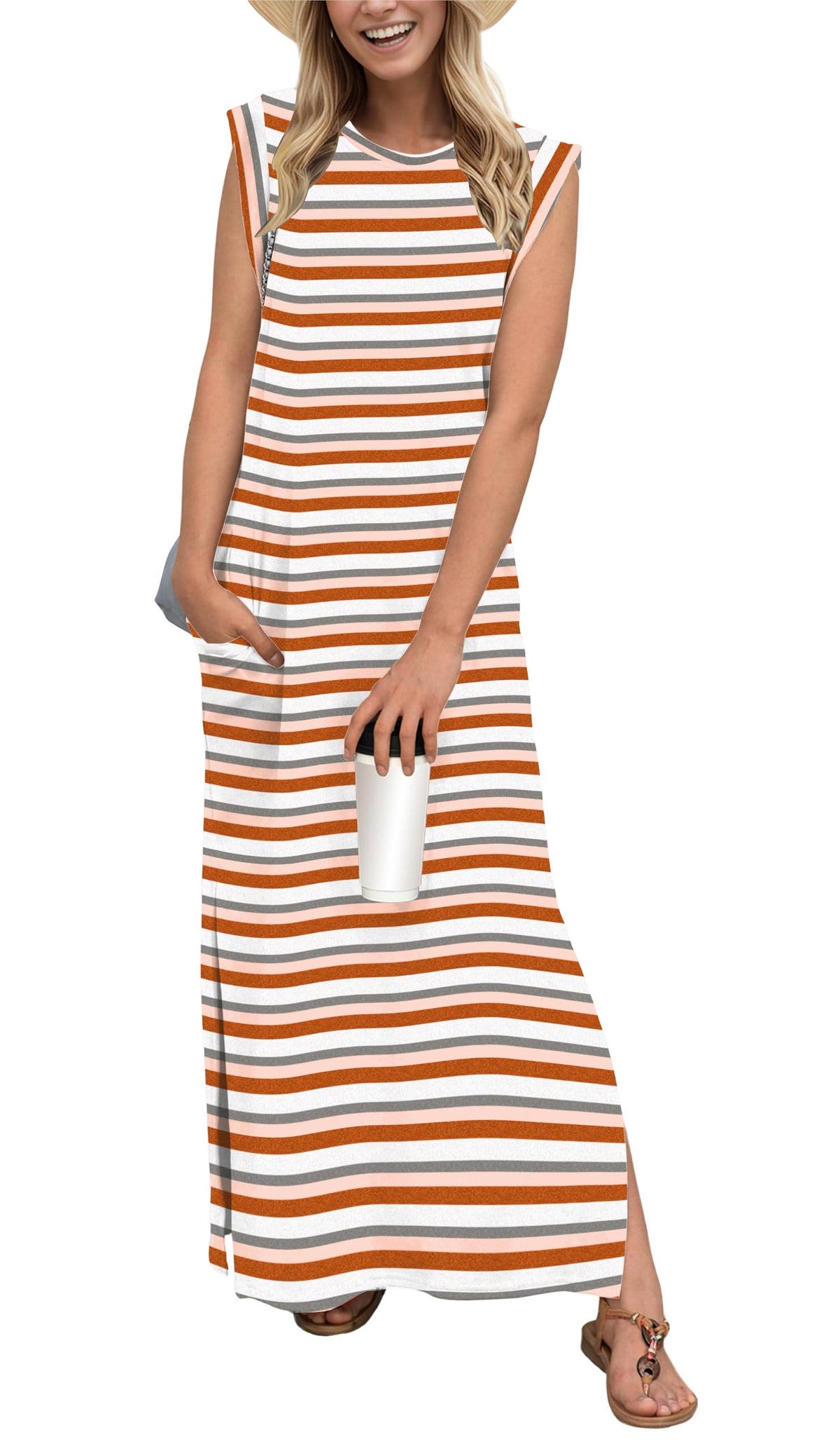 GRECERELLE 2026 Women Year-Round Casual Round Neck Loose Split Wrinkle-Free Long Maxi Vacation Dress with Pockets (XXS-4XL)