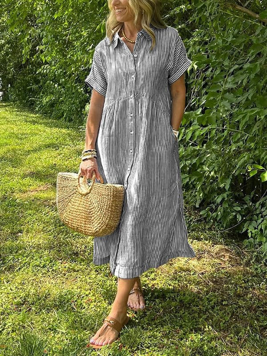 chouyatou Women's Summer Striped Midi Long Shirt Dress Casual Loose Short Sleeve Button Down Dress
