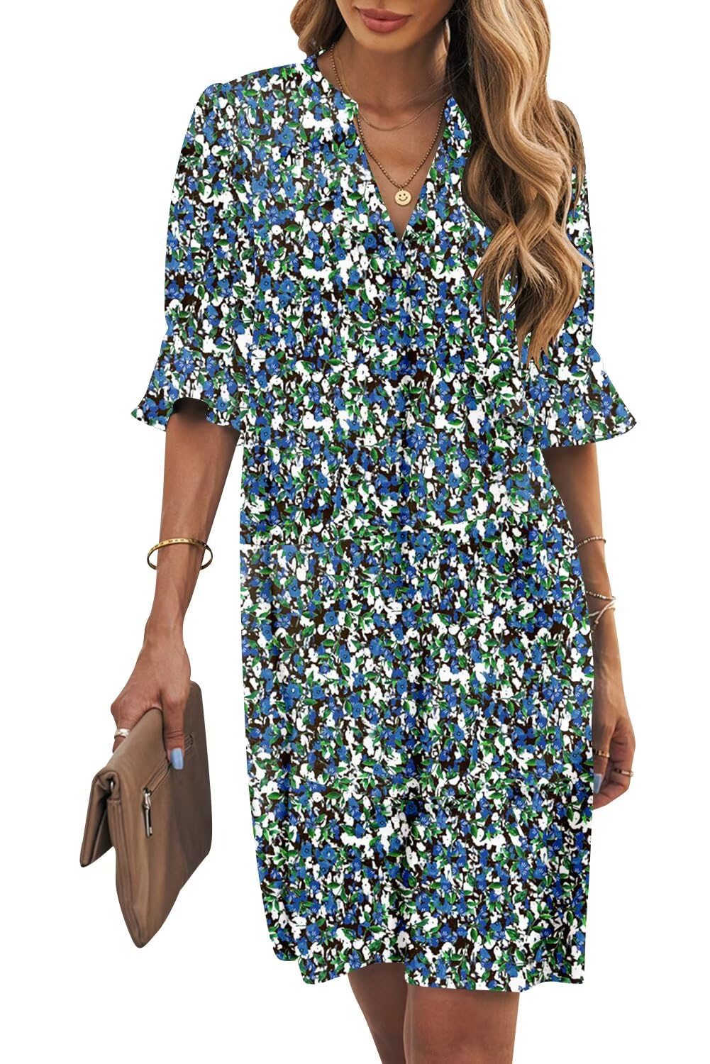 Wkior Womens Summer Ruffle Short Sleeve V Neck Shift Dress