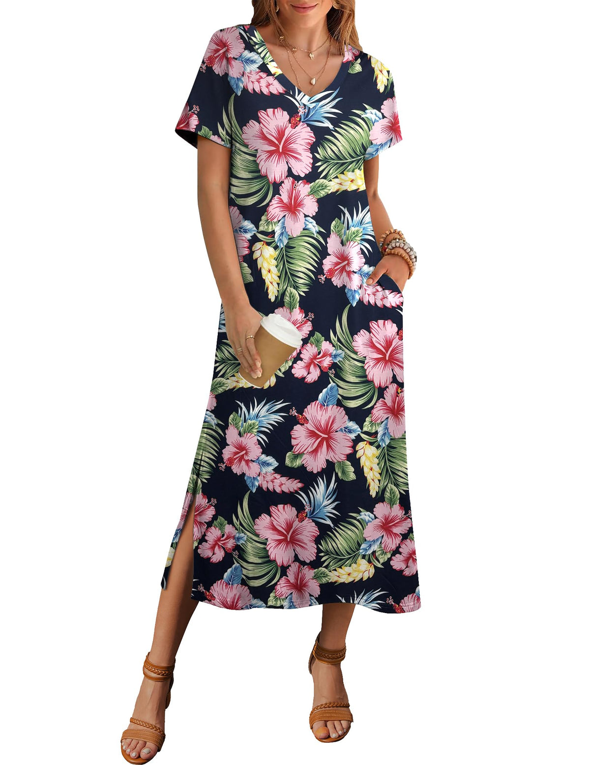Zeagoo Women Summer Floral Dress Short Sleeve Beach Dress with Pockets Casual V-Neck Split Long T-Shirt Dress Travel Vacation