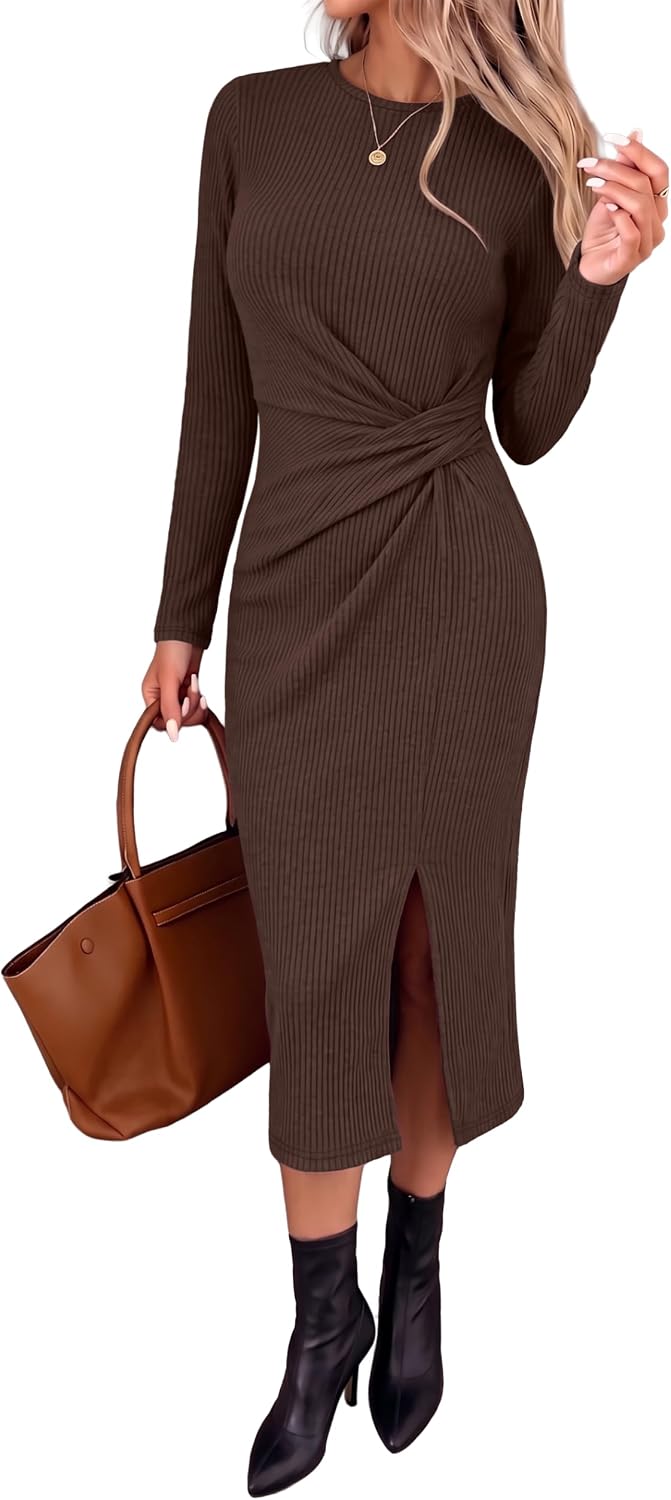OFEEFAN Long Sleeve Dress for Women Fall Wedding Guest Dress Sweater Dress