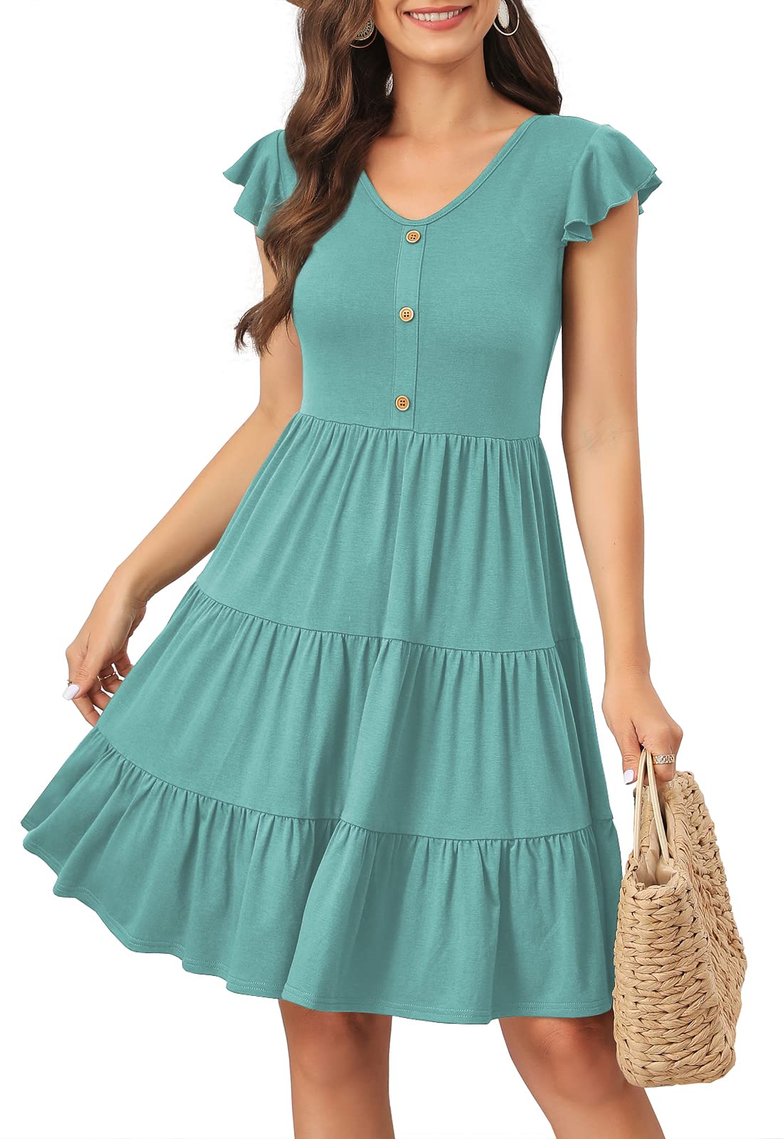 Lamilus Summer Dresses for Women 2026 Ruffle Sleeve V Neck Non-See Through Tiered Babydoll Mini Dress Graduation Beach