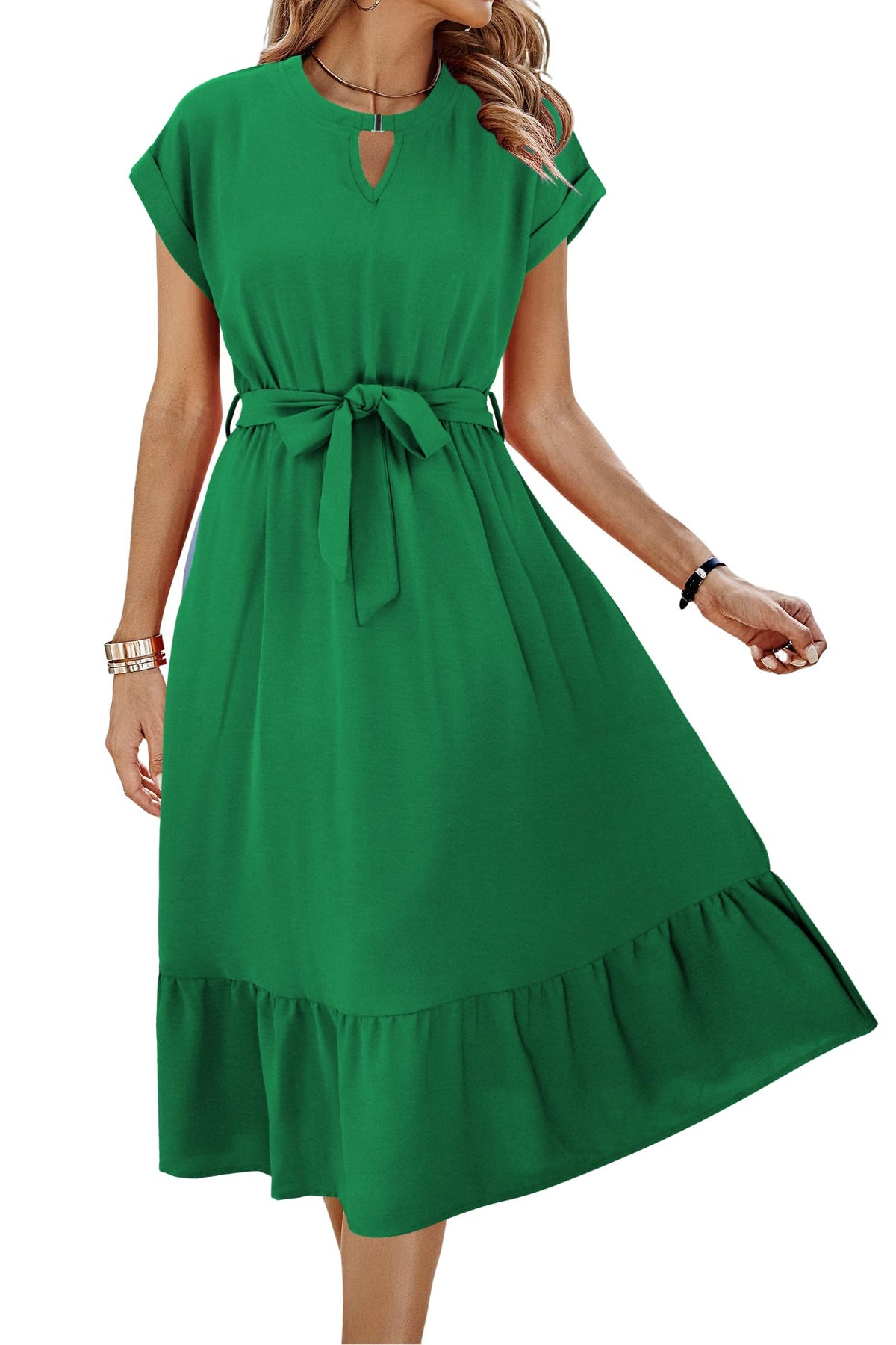 ECOWISH Womens Casual Midi Dresses Solid V Neck Short Sleeve Button Shirt Belted Dress with Pockets for Spring Summer 2026