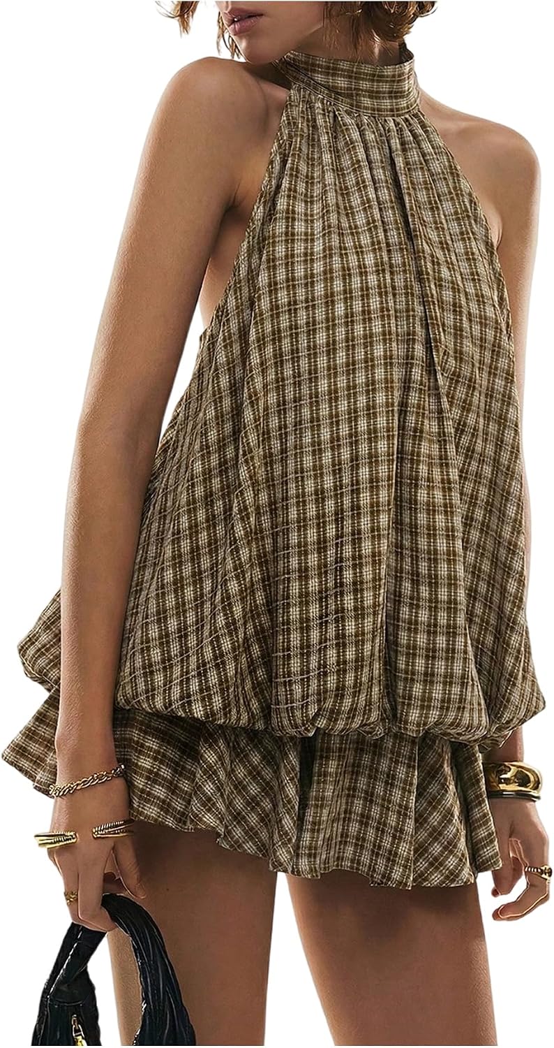 SOLY HUX Women's Plaid Halter Mini Dress Ruffle Bubble Hem Going Out Dress