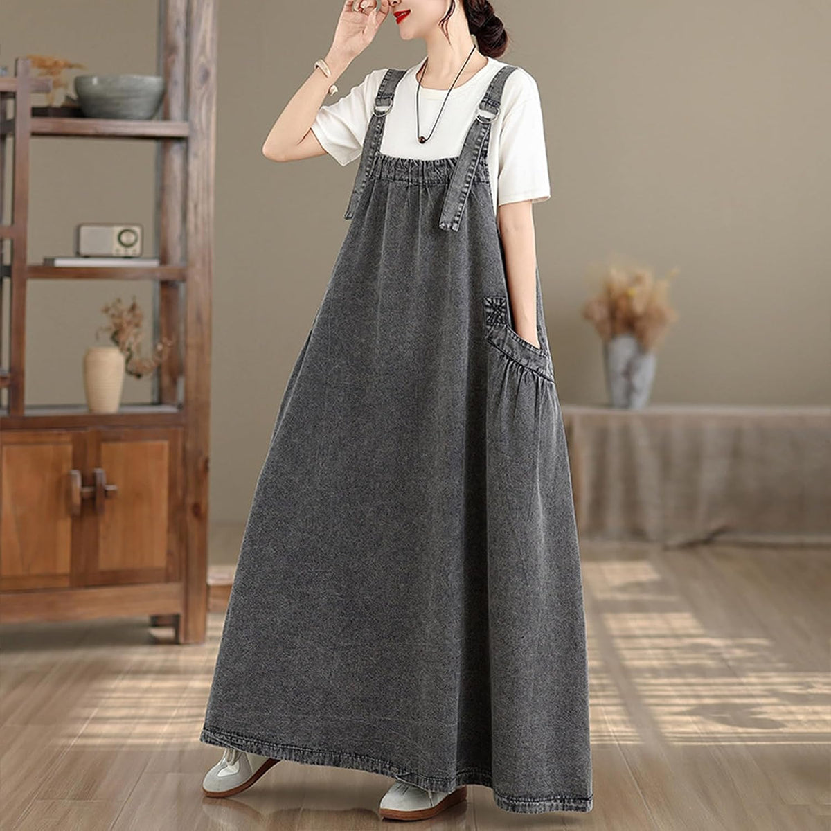 Women's Casual Loose Denim Dress Sleeveless Adjustable Straps Denim Jumper Dress with Pockets