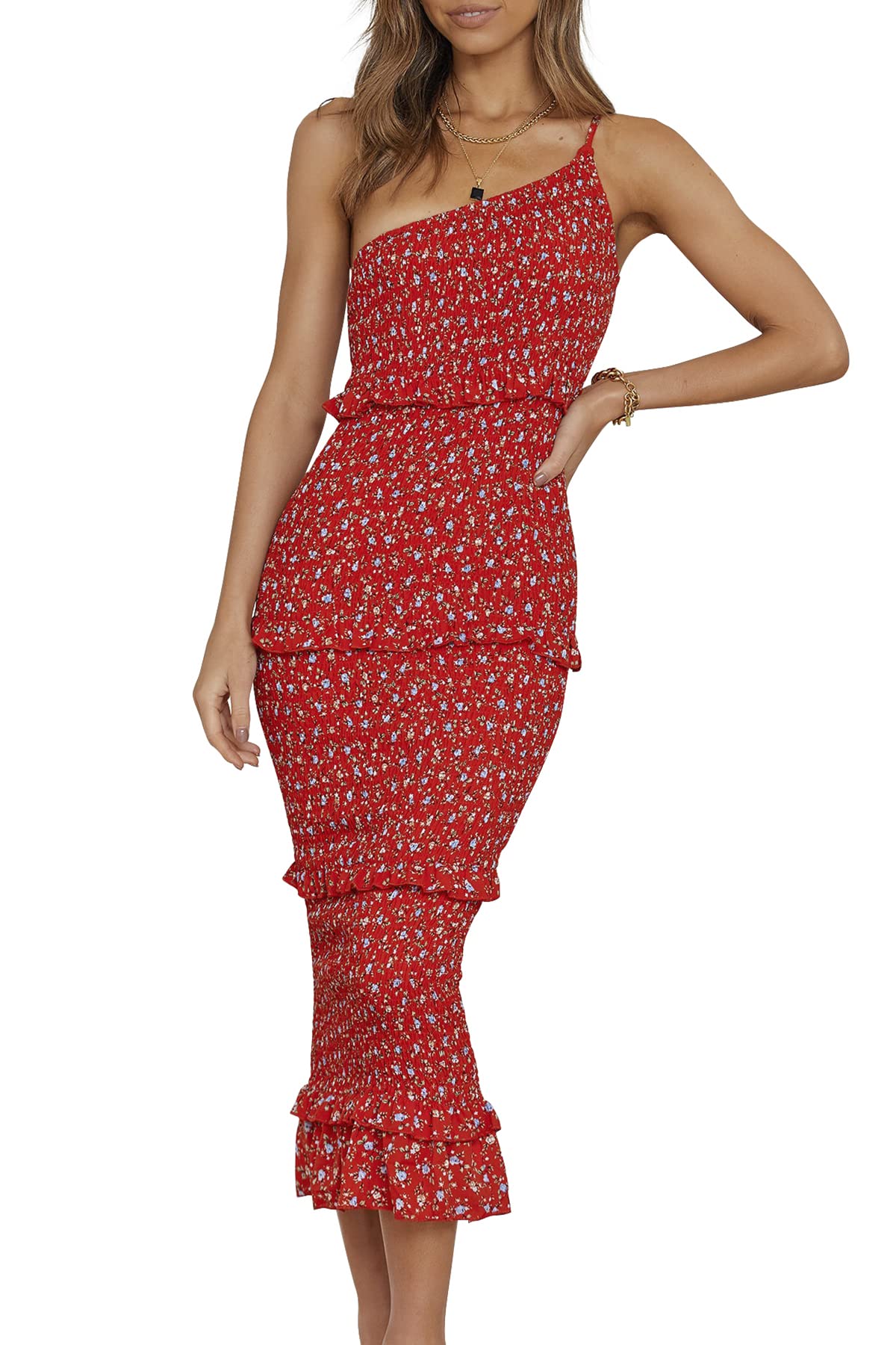 PRETTYGARDEN Women's Summer Midi Bodycon Dresses One Shoulder Strappy Tiered Ruffle Floral Boho Sun Dress