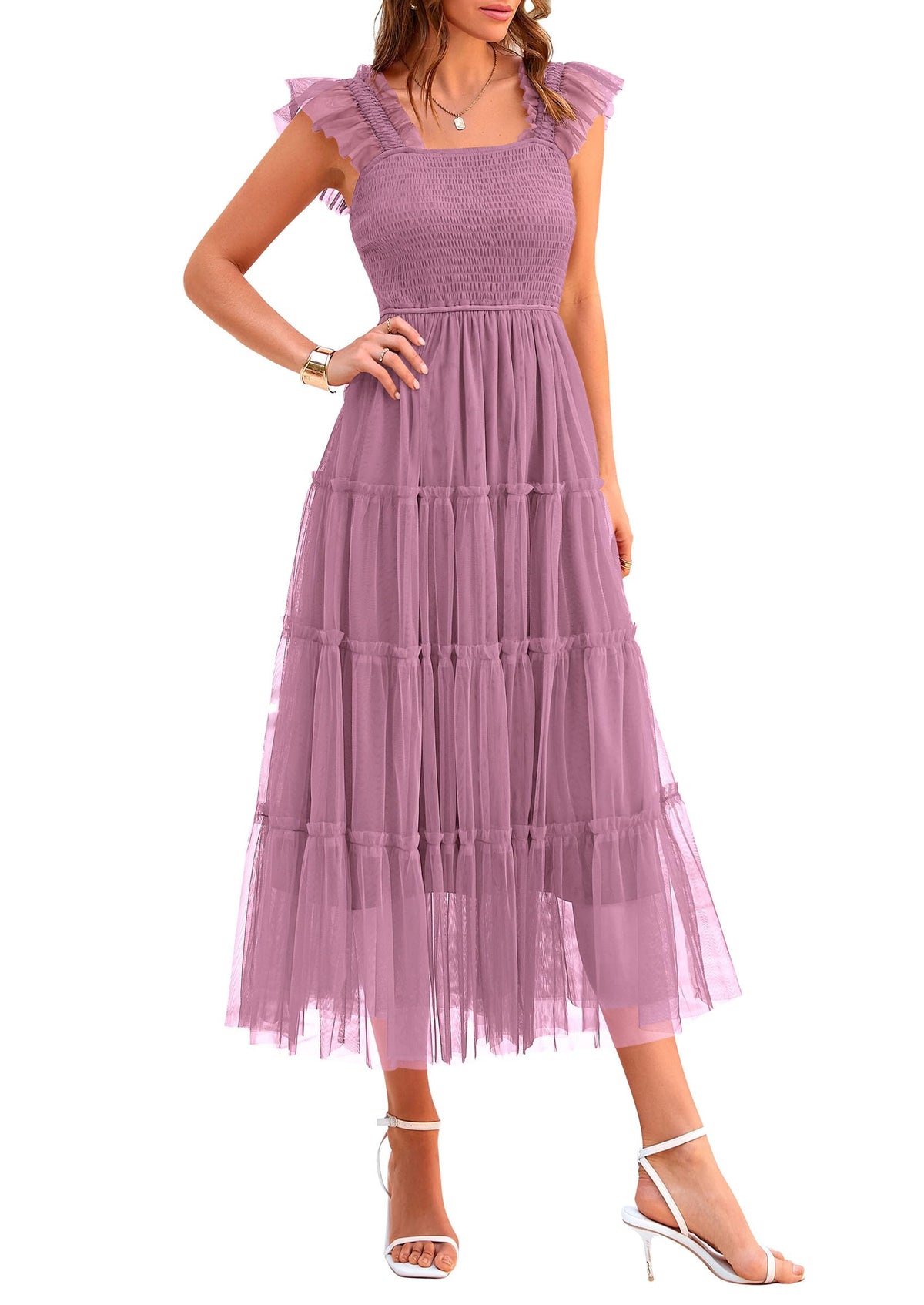 PRETTYGARDEN Women's Summer Smocked Midi Tulle Dress