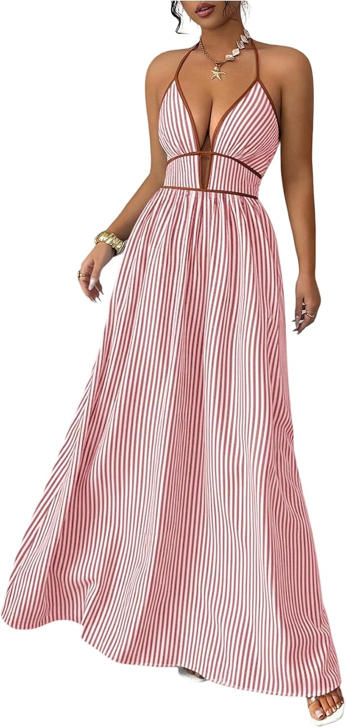 Floerns Women's Striped Halter Maxi Dress Backless Smocked Boho Dress