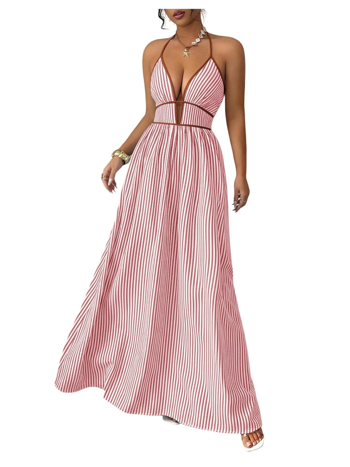 Floerns Women's Striped Halter Maxi Dress Backless Smocked Boho Dress