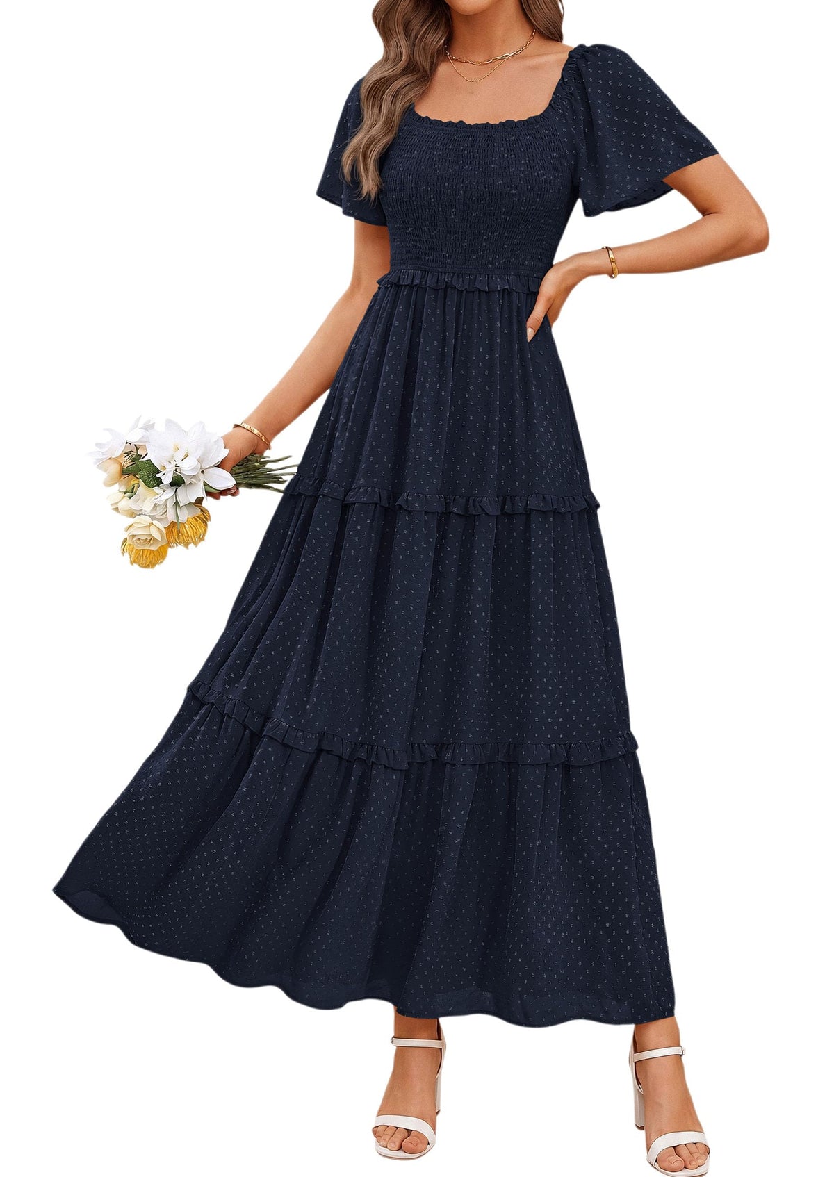 PRETTYGARDEN Womens Summer Dresses Boho Maxi Swiss Dot Dress