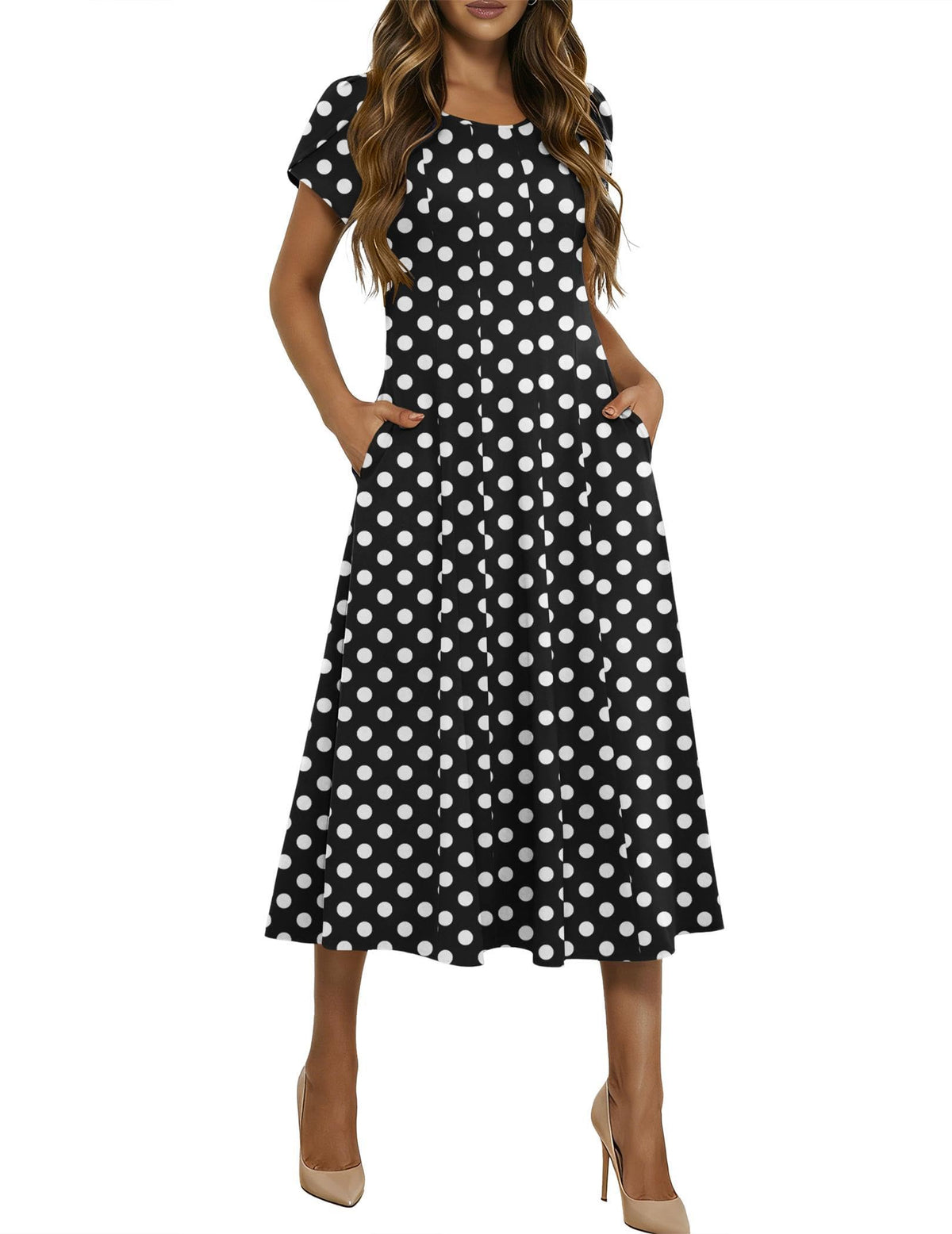 HOTOUCH Summer Dresses for Women 2026 Casual Midi Dress Petal Short Sleeve A Line Dress Pleated Flare Sundress