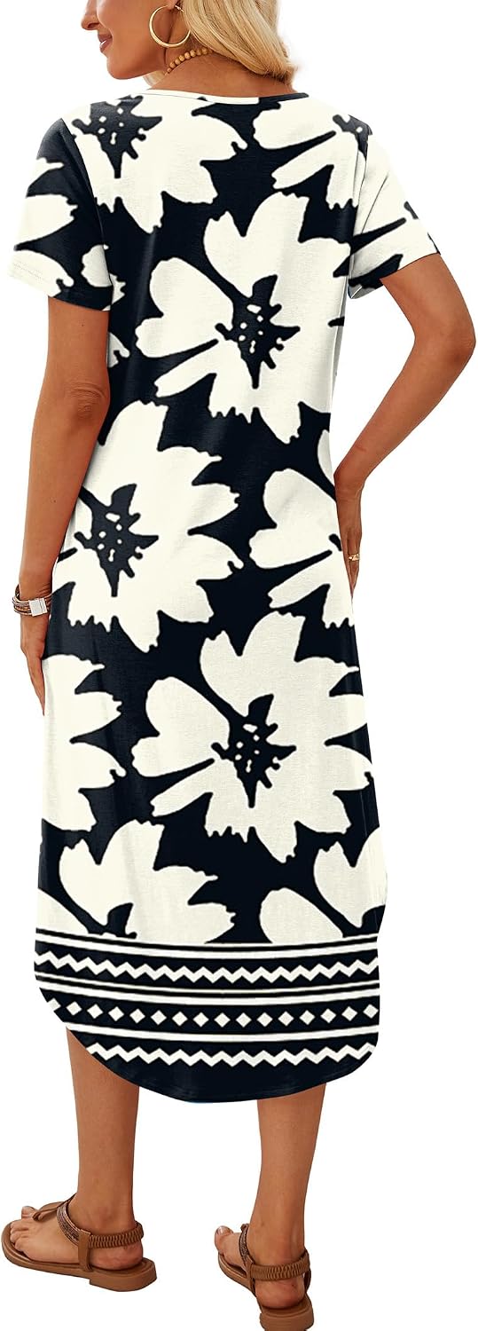 OFEEFAN Summer Dresses for Women 2026 Casual Midi Dresses Beach Vacation Outfits Tshirt Dress with Pockets Resort Wear