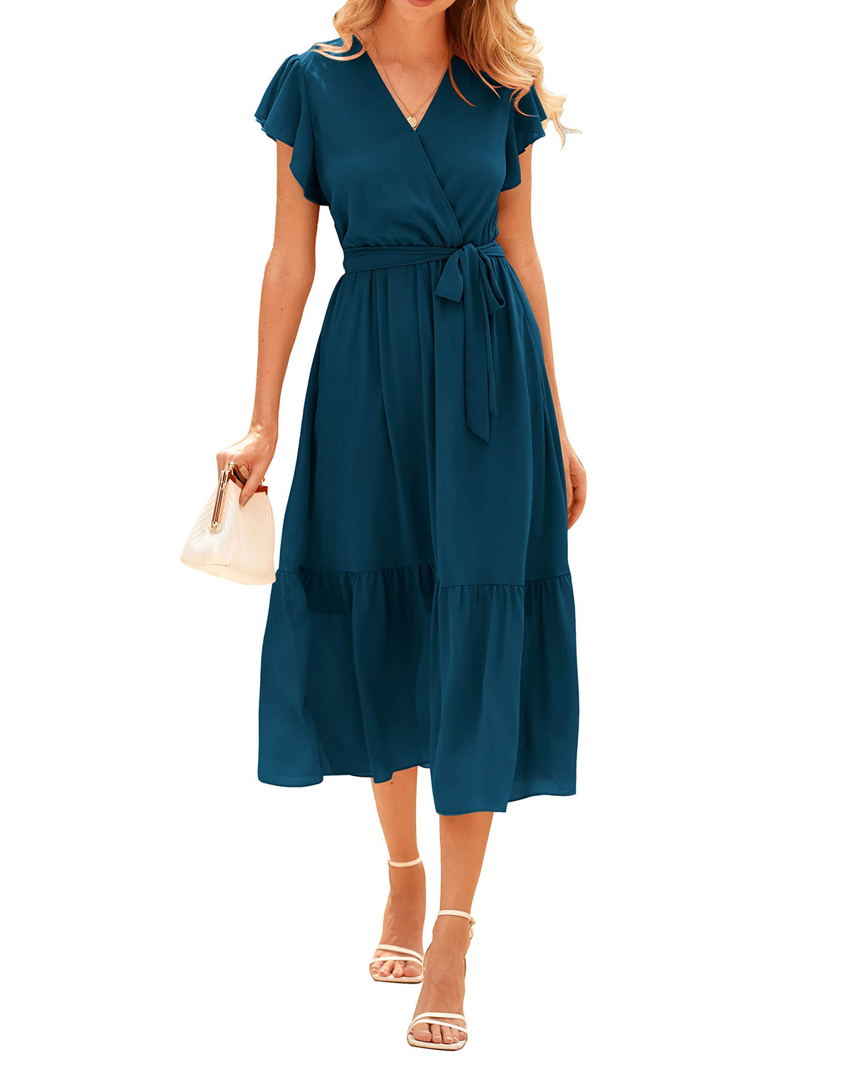BTFBM Women Summer Casual Wrap V Neck Ruffle Cap Sleeve Belted Midi Dress