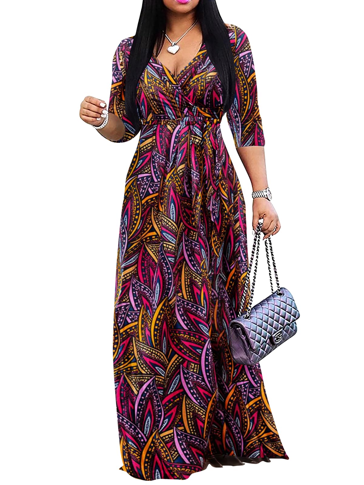 Yajedo Womens Casual Summer Maxi Dress Plus Size Sexy Wrap V Neck 3/4 Sleeve Sundress with Pockets