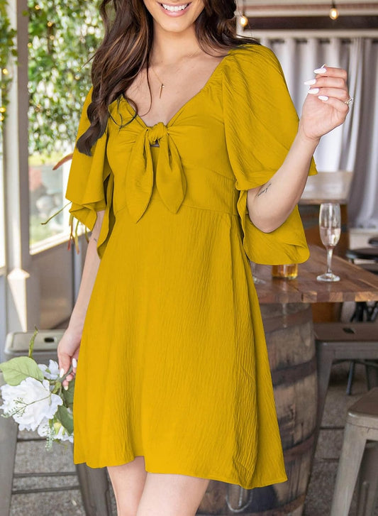 Dokotoo Womens Dresses 2026 Deep V Neck Elegant Bow tie Mini Dress S-XL