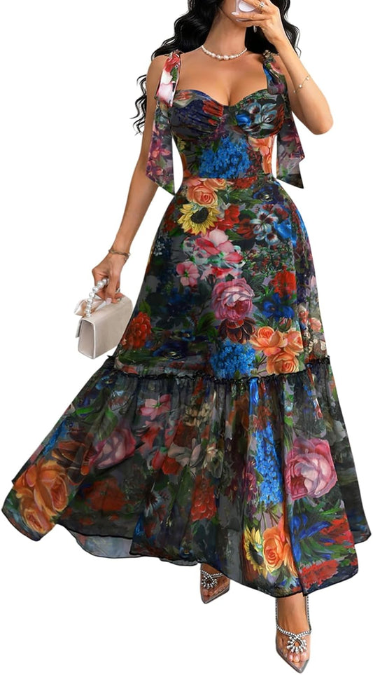 GothDark Women Floral Maxi Dress Ruffle Casual Wedding Guest Dresses
