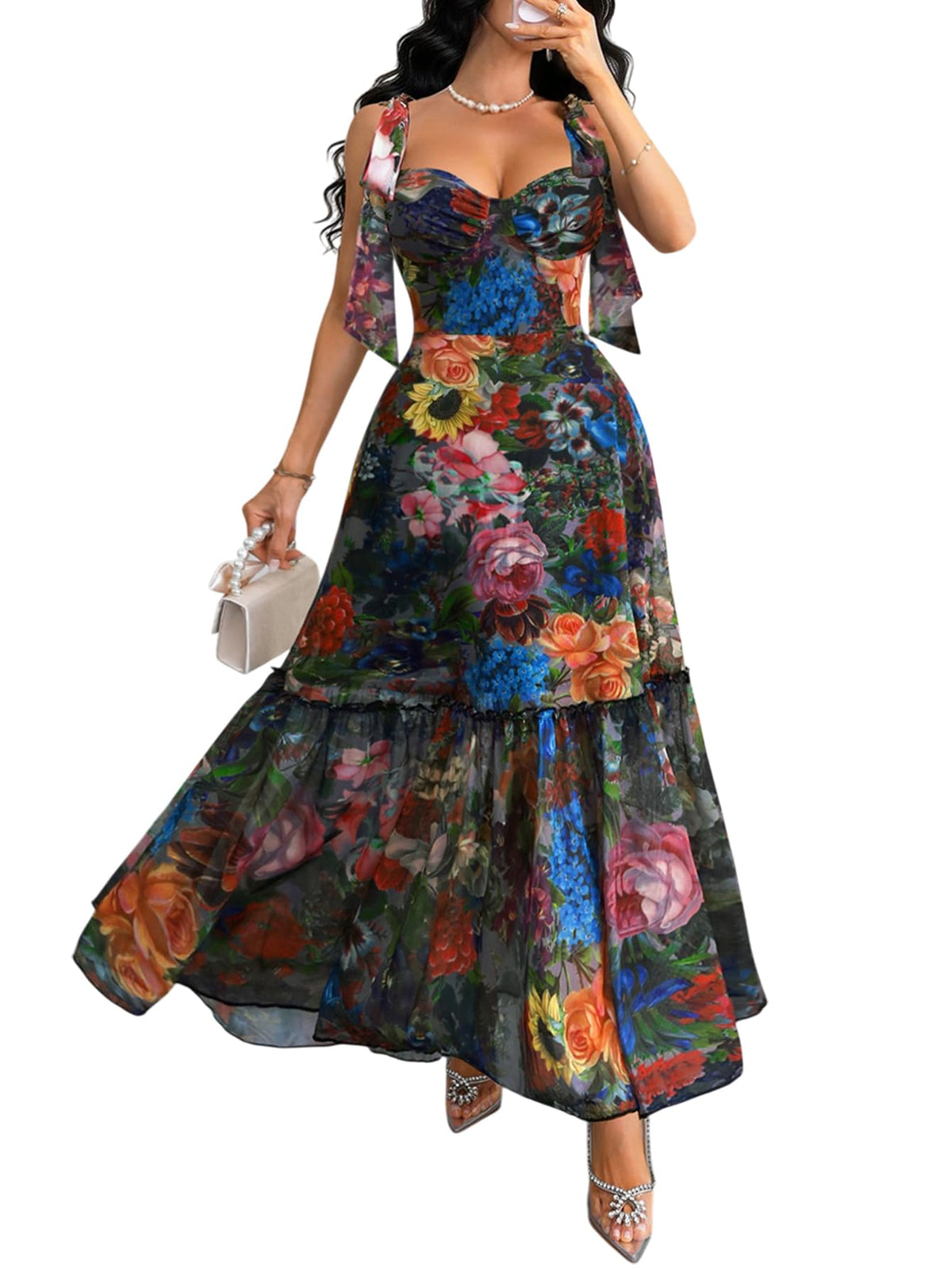GothDark Women Floral Maxi Dress Ruffle Casual Wedding Guest Dresses
