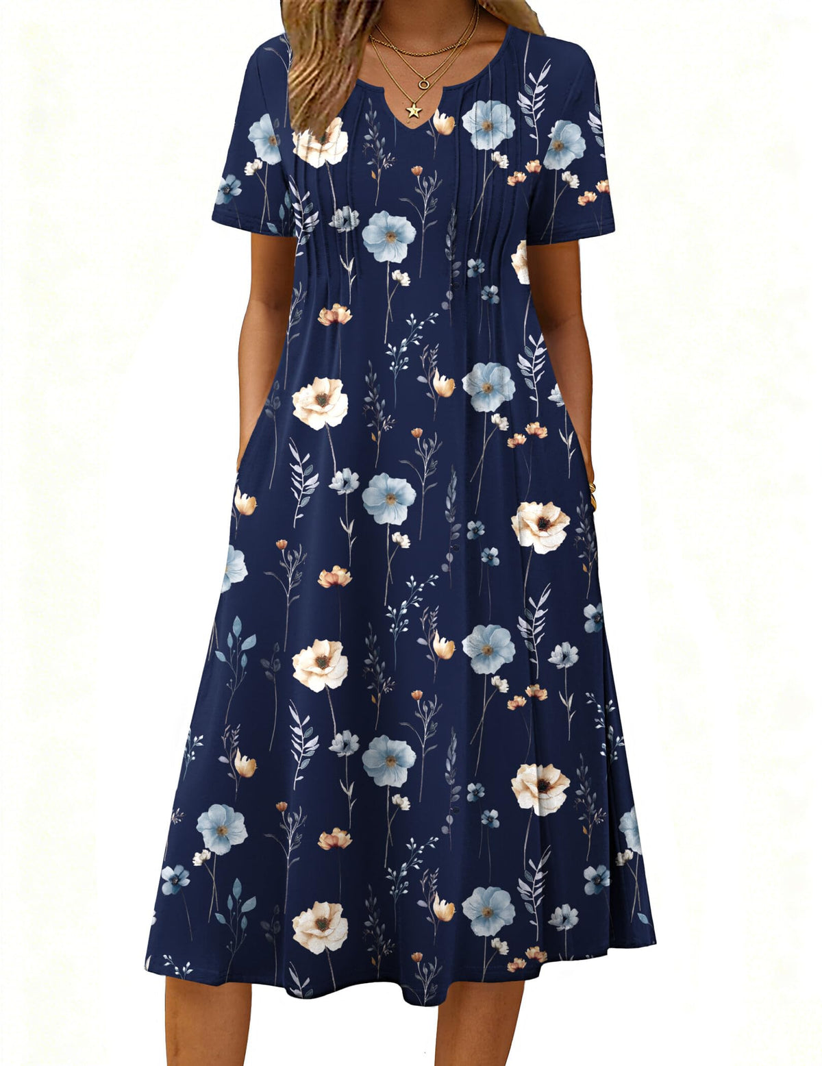 Zeagoo Summer Dresses for Women 2026 Casual Short Sleeve Aline Midi Dress with Pocket Flowy Pleated Tshirt Beach Sundress