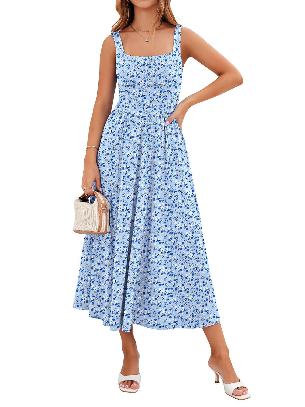 YIOYOLA Womens Casual Summer Dress with Pockets | Sleeveless Square Neck Flowy A-Line Midi Sundress for Beach & Wedding Guest