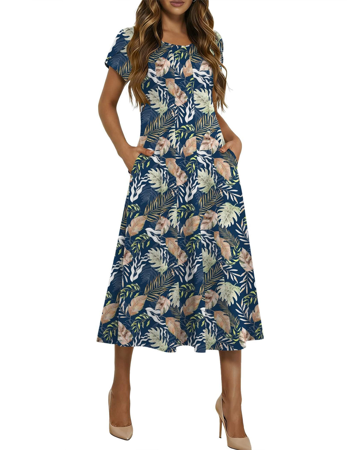HOTOUCH Summer Dresses for Women 2026 Casual Midi Dress Petal Short Sleeve A Line Dress Pleated Flare Sundress