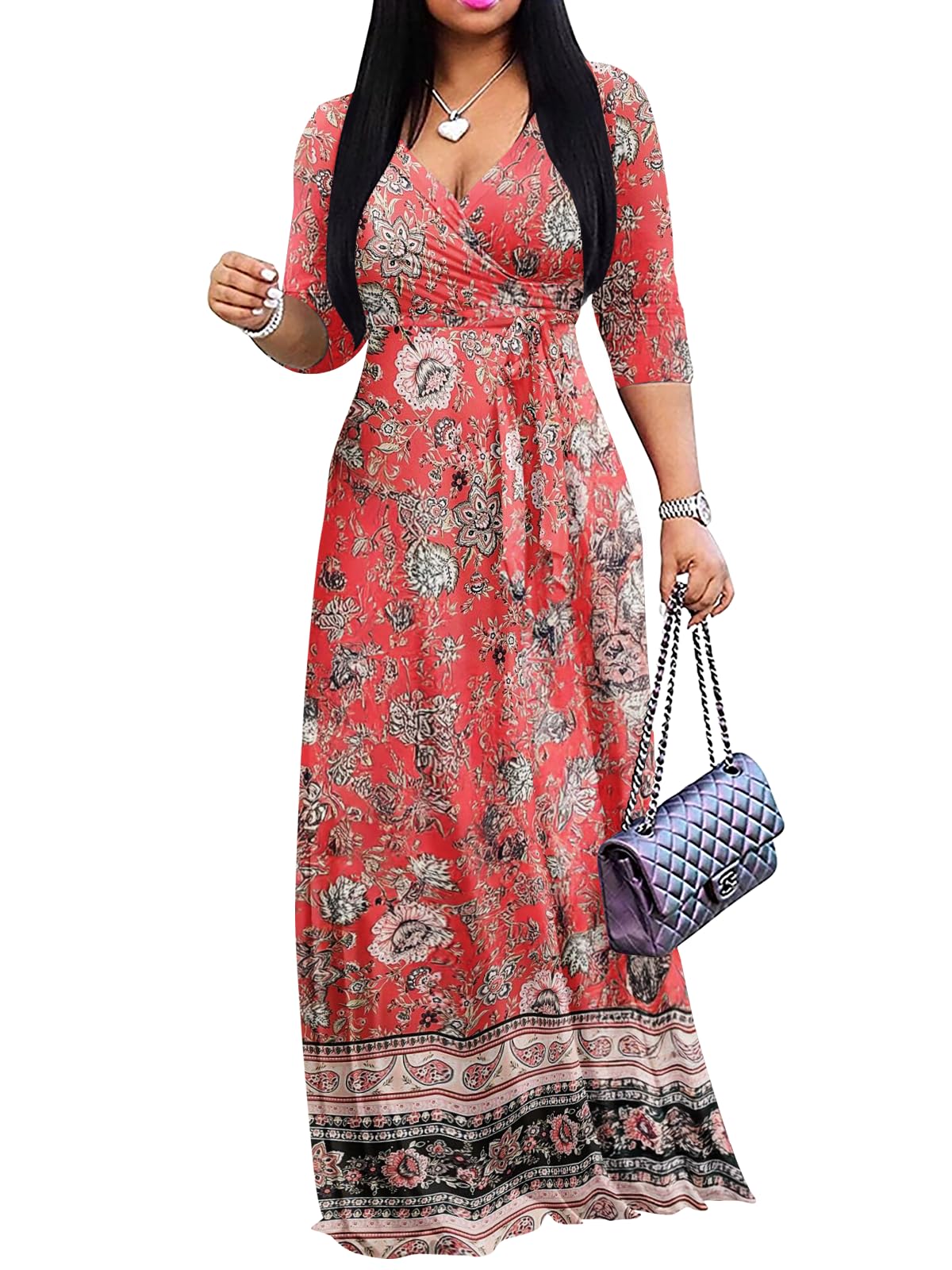 Yajedo Womens Casual Summer Maxi Dress Plus Size Sexy Wrap V Neck 3/4 Sleeve Sundress with Pockets