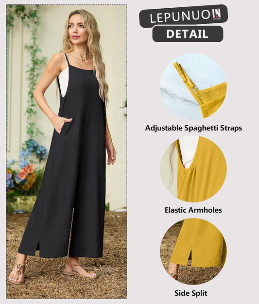 Lepunuo Womens Casual Loose Jumpsuits Summer Boho Wide Leg Rompers Sleeveless Overalls with Pockets