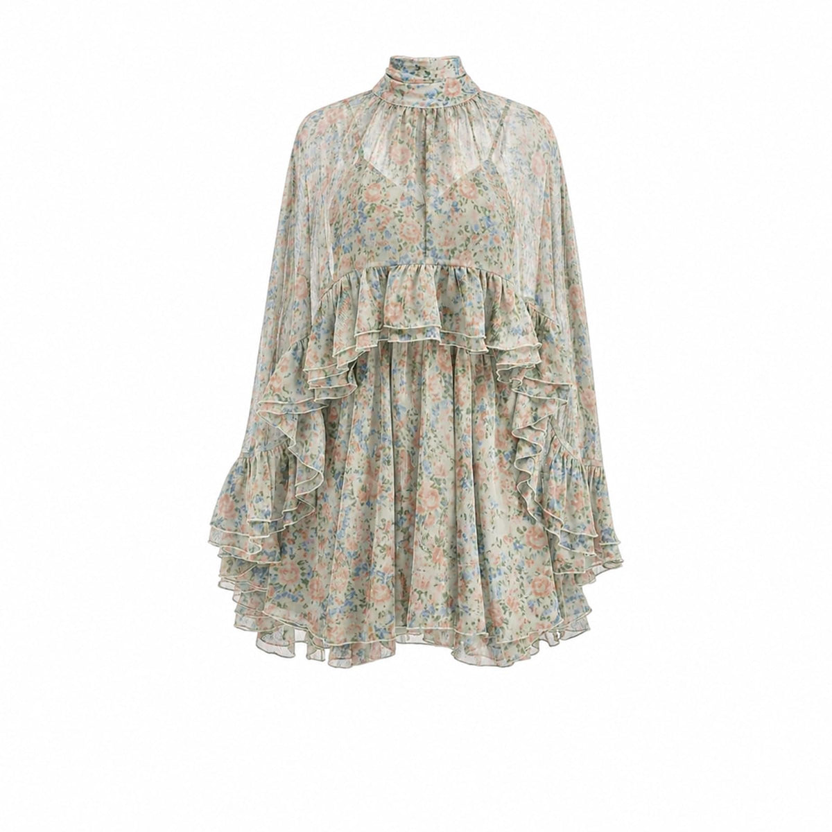 Women’s Semi Sheer Chiffon Ruffle Dress with Outer Cape, Poncho Sleeve Flowy Mini Dress, Loose Fit Elegant Summer Dress
