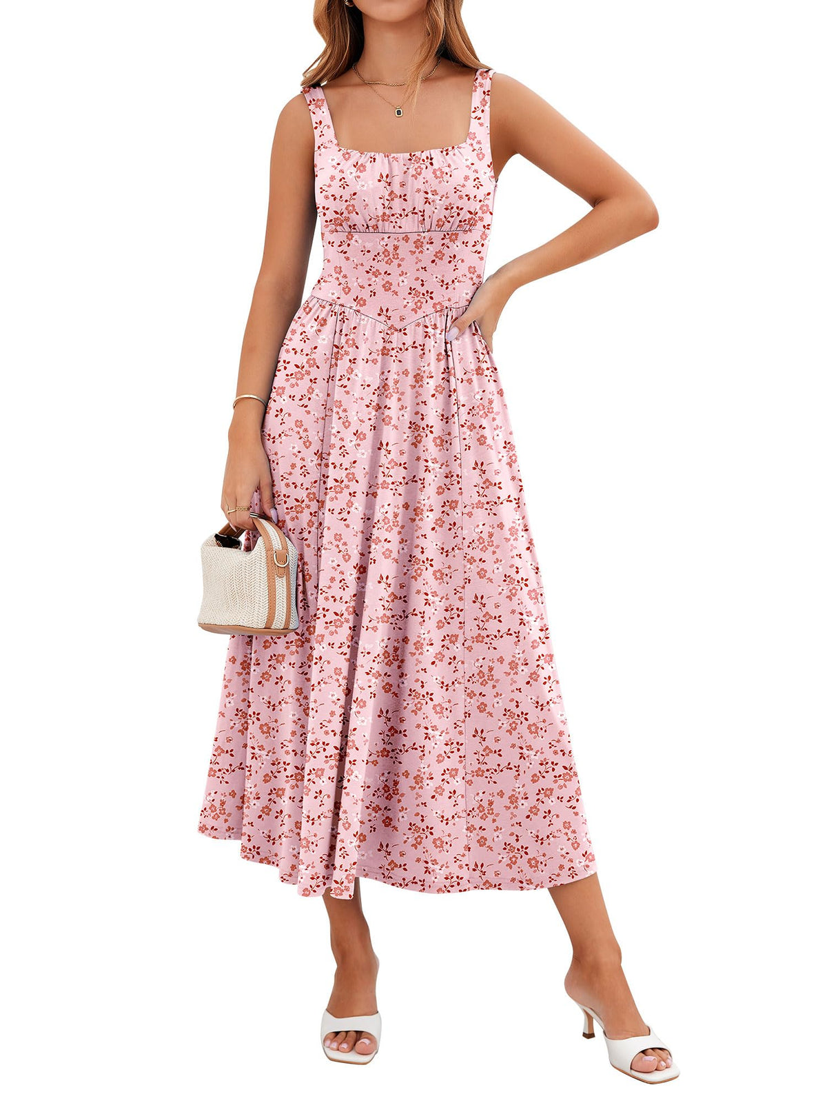 YIOYOLA Womens Casual Summer Dress with Pockets | Sleeveless Square Neck Flowy A-Line Midi Sundress for Beach & Wedding Guest