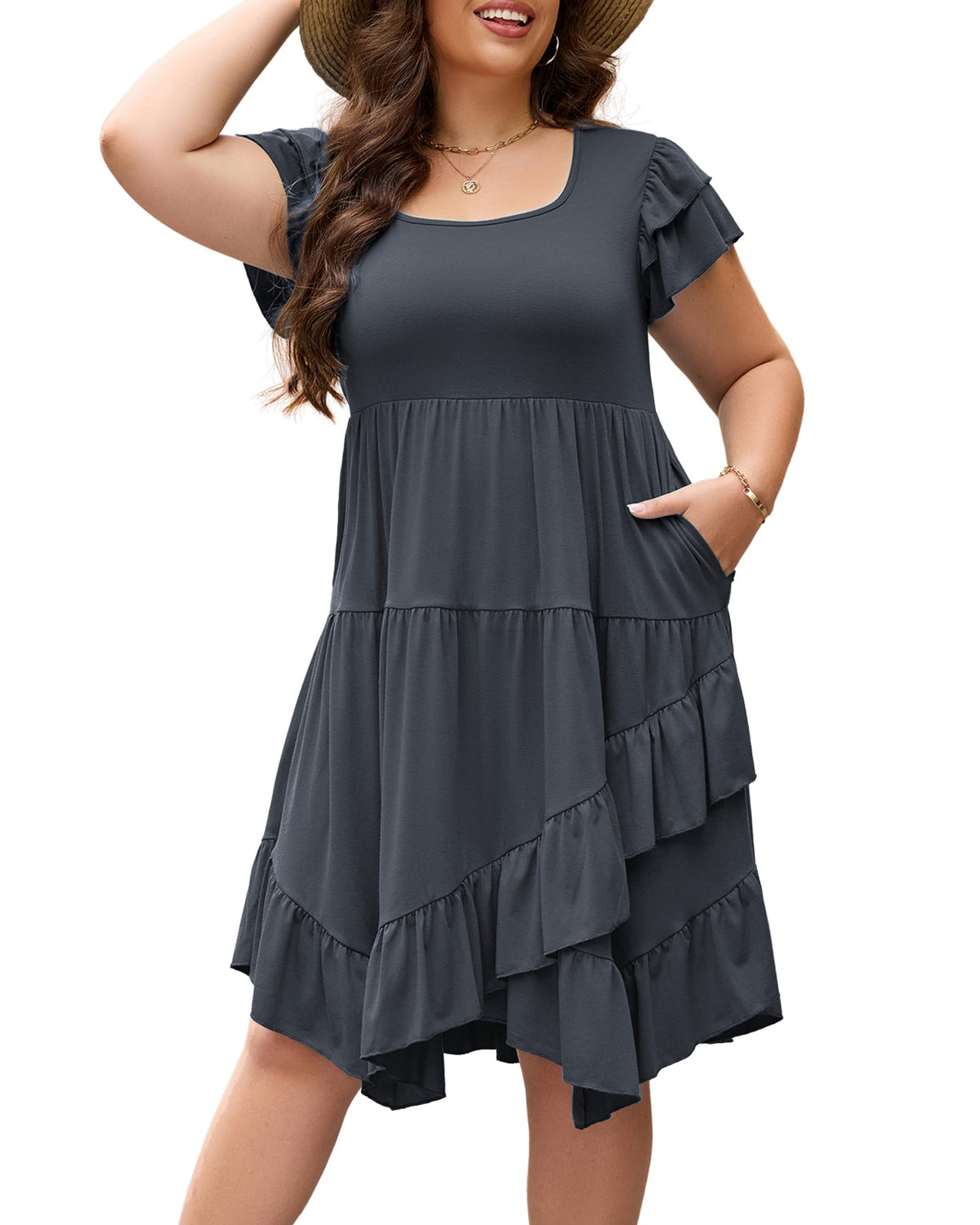 Womens Plus Size Casual Dress Square Neck Double Ruffle Short Sleeves 2 Pockets Ruffled Hem Flowy Dresses