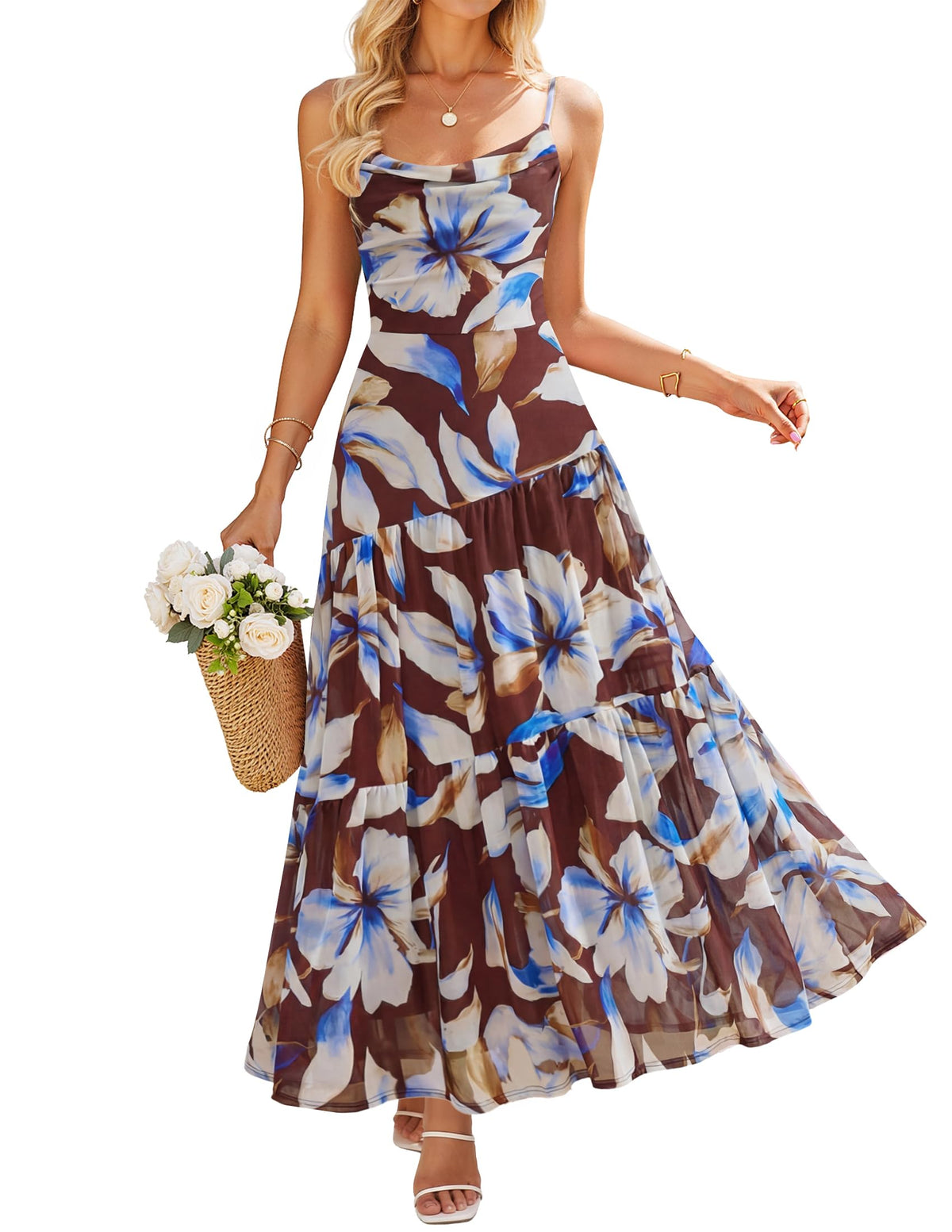 ZESICA Women's Summer Mesh Floral Sleeveless Wedding Guest Dress