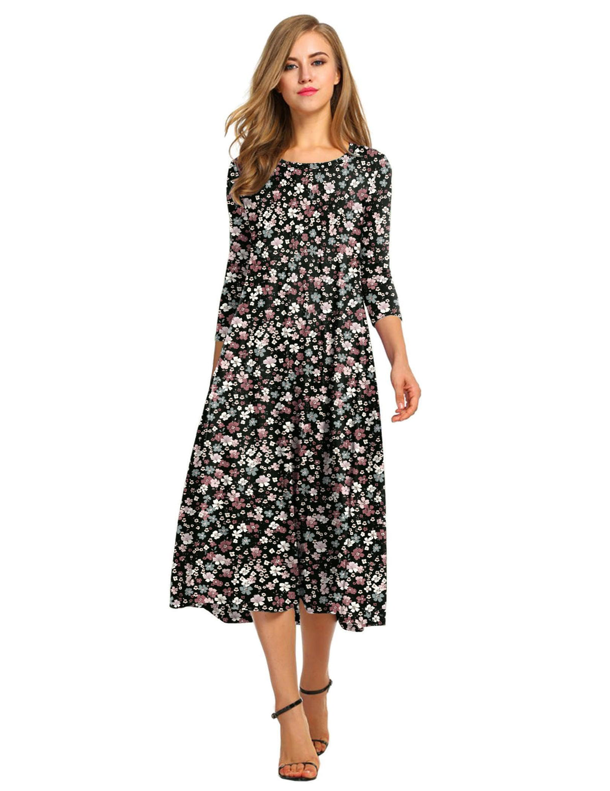 HOTOUCH Women's 3/4 Sleeve A-line and Flare Midi Long Dress