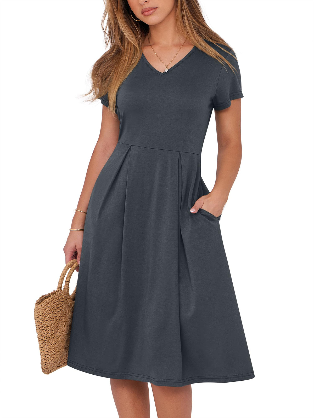 ANRABESS Women Summer Dress Casual Short Sleeve V Neck A-Line Knee Length Pleated Flowy 2026 Fashion Midi Dresses with Pocket