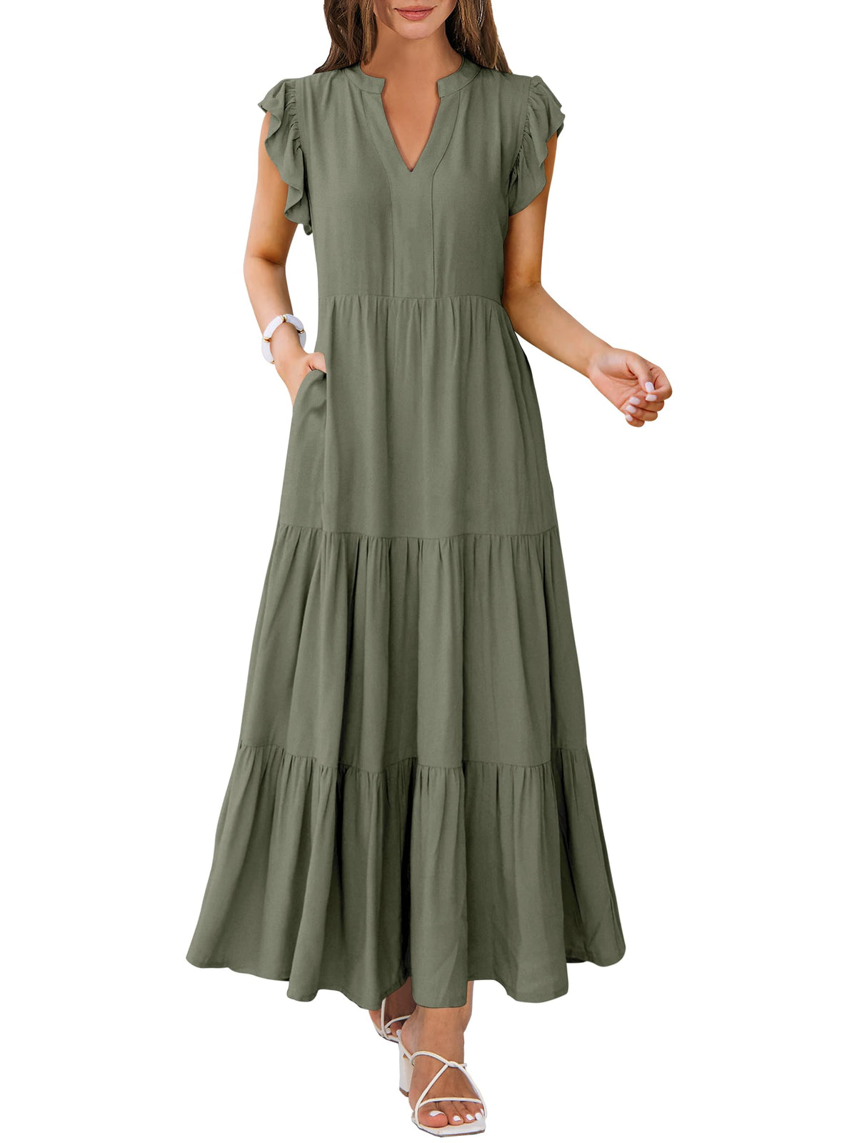 ANRABESS Womens Summer Dress Ruffle Sleeve V Neck Vacation Maxi Dresses