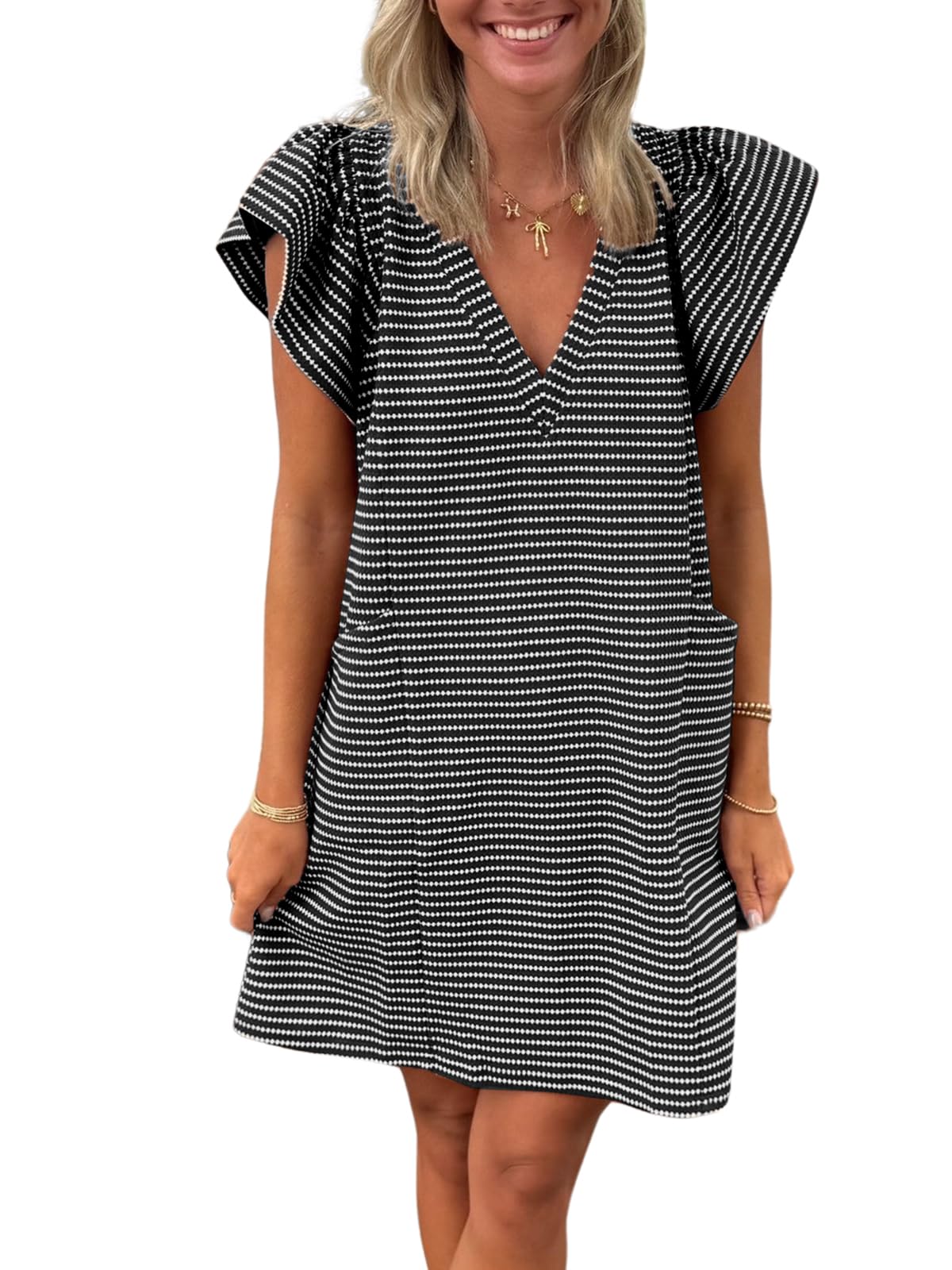 Mieazom Striped V-Neck Mini Dress for Women Puff Sleeve Casual Dress with Pockets, Comfortable & Stylish for Summer