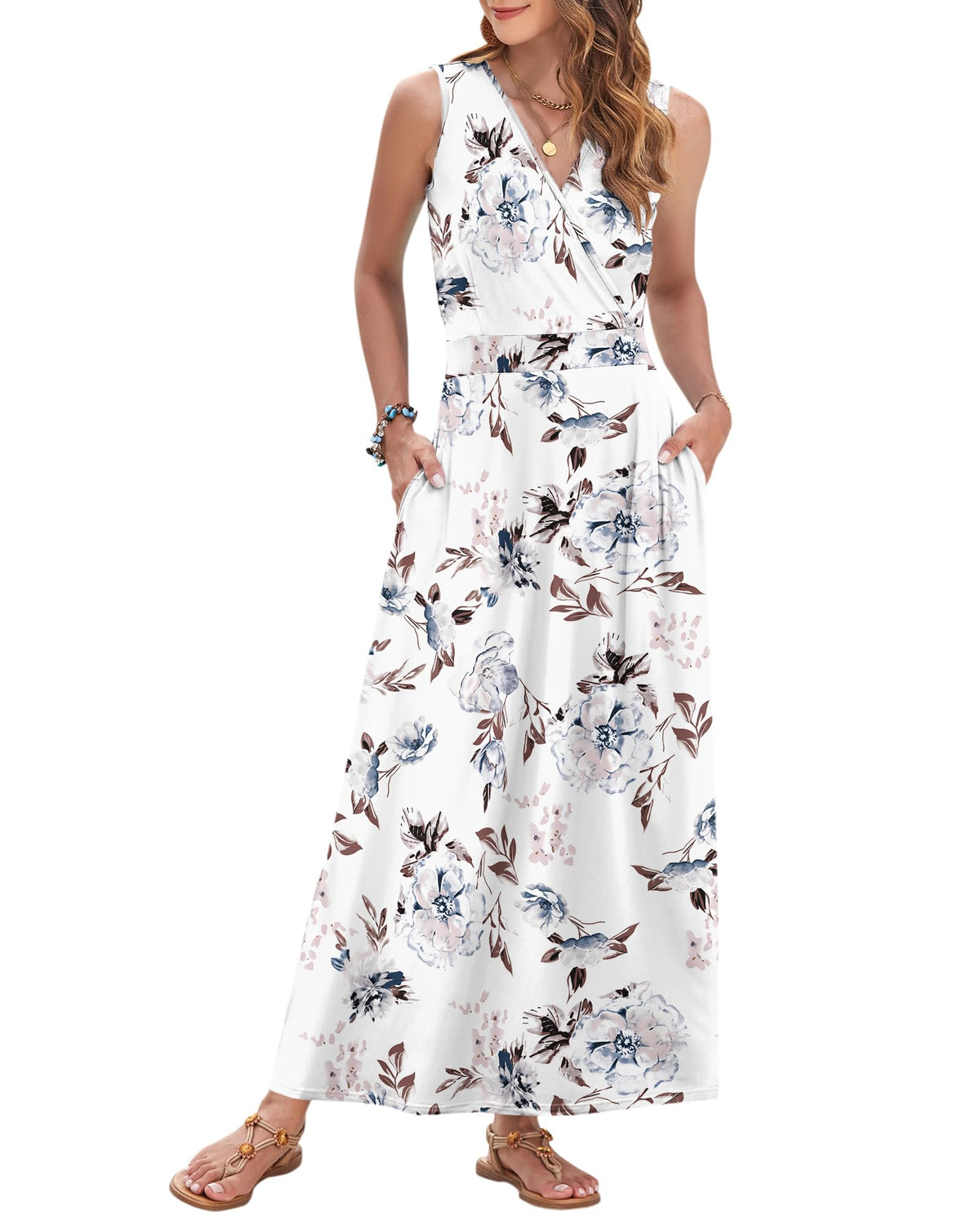 AUSELILY Womens Maxi Dress Summer Sleeveless Wrap Long Dresses with Pockets