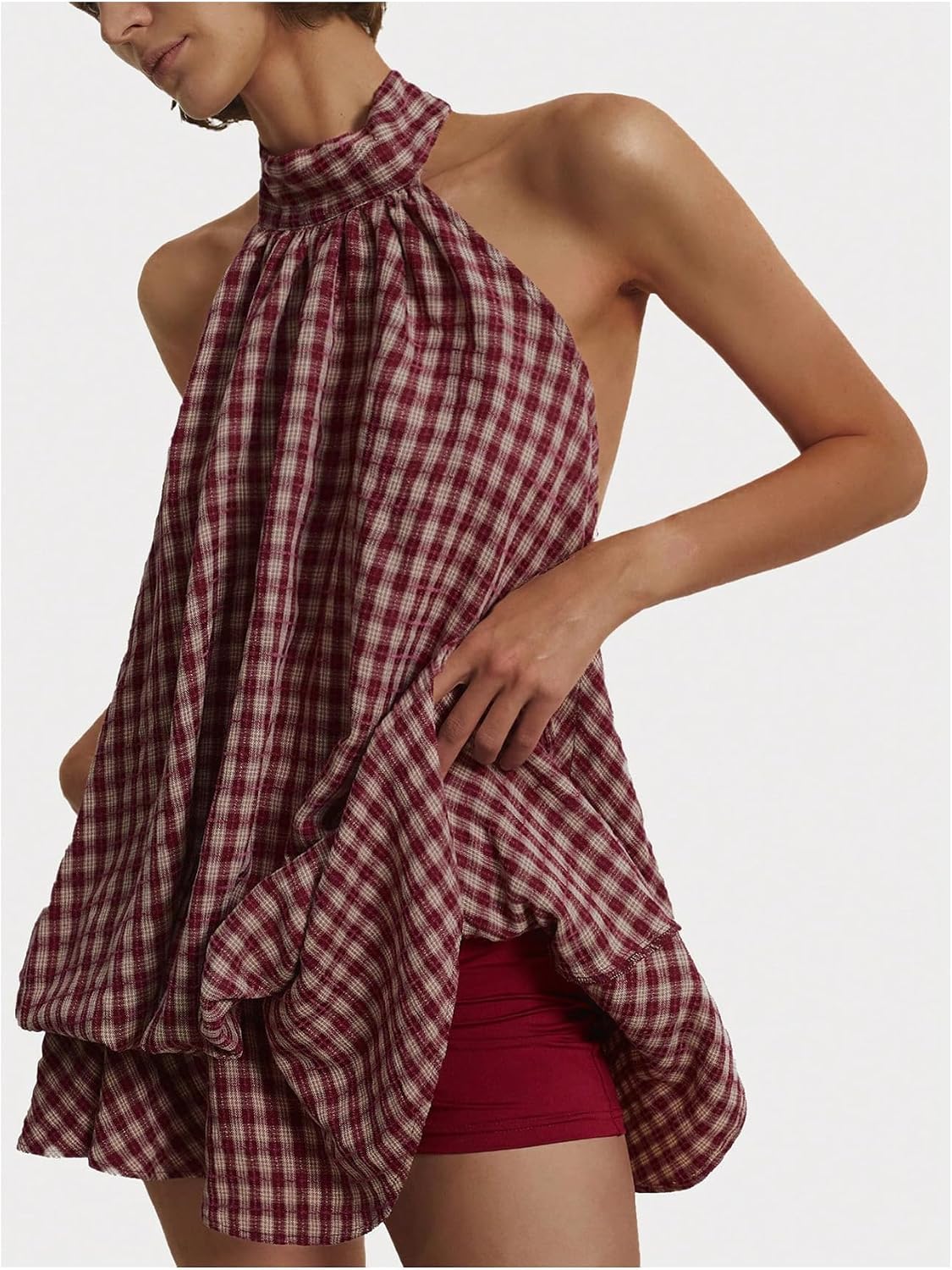 SOLY HUX Women's Plaid Halter Mini Dress Ruffle Bubble Hem Going Out Dress