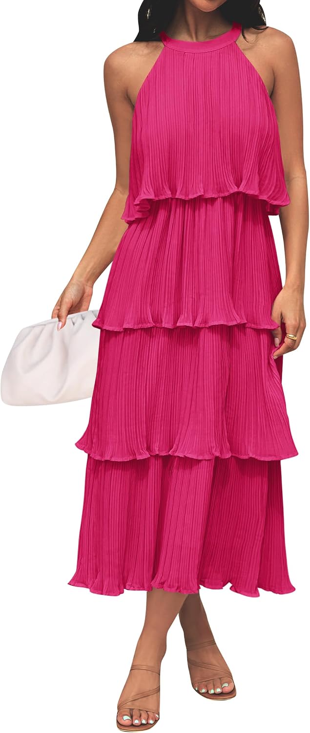 ZESICA Womens Summer Halter Ruffle Wedding Guest Midi Dresses