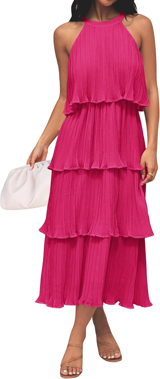 ZESICA Womens Summer Halter Ruffle Wedding Guest Midi Dresses