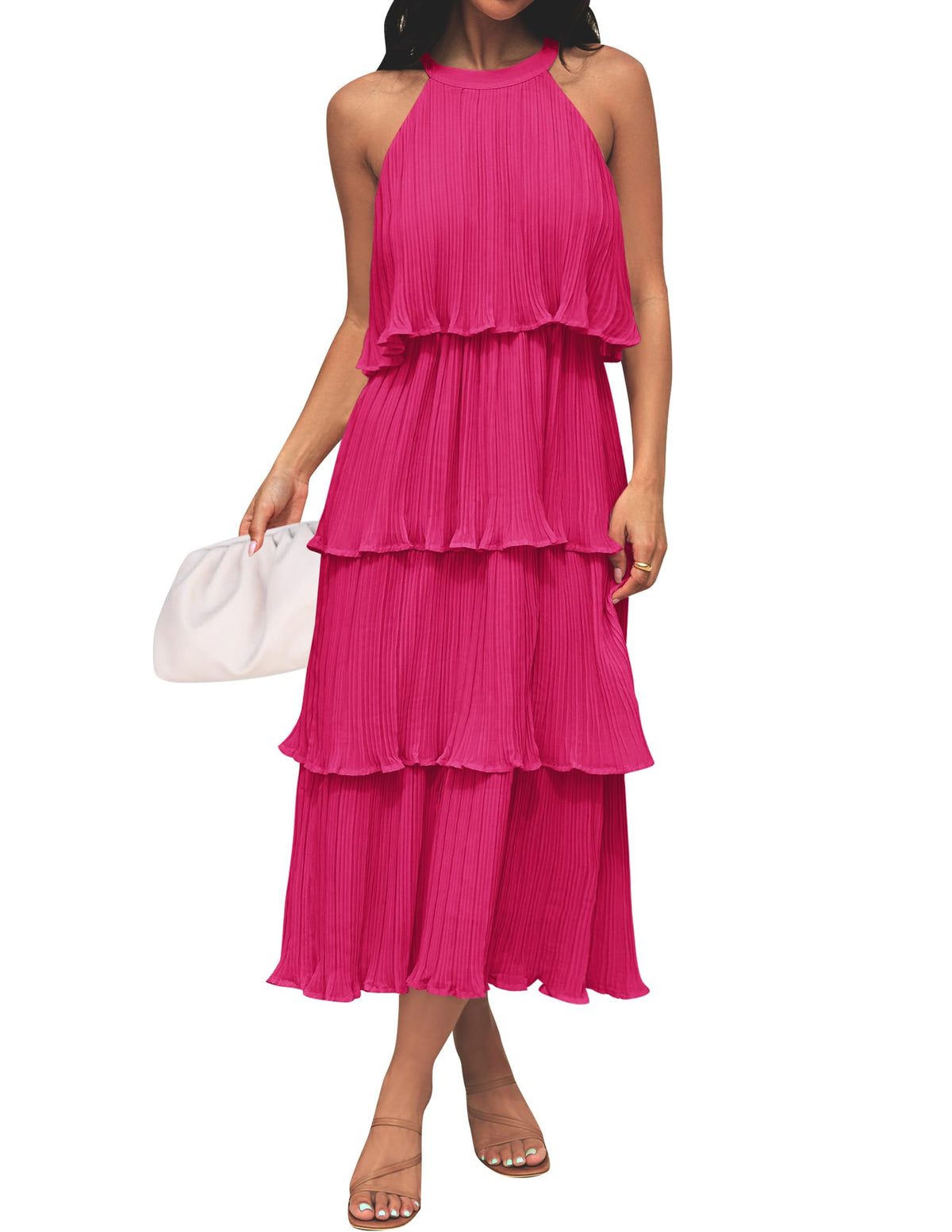 ZESICA Womens Summer Halter Ruffle Wedding Guest Midi Dresses