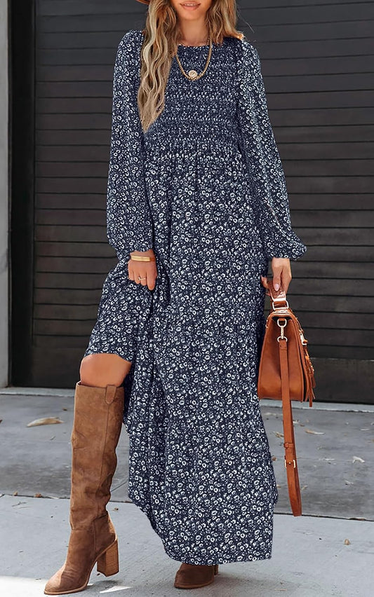 PRETTYGARDEN Long Sleeve Floral Maxi Fall Dresses for Women Trendy Outfits