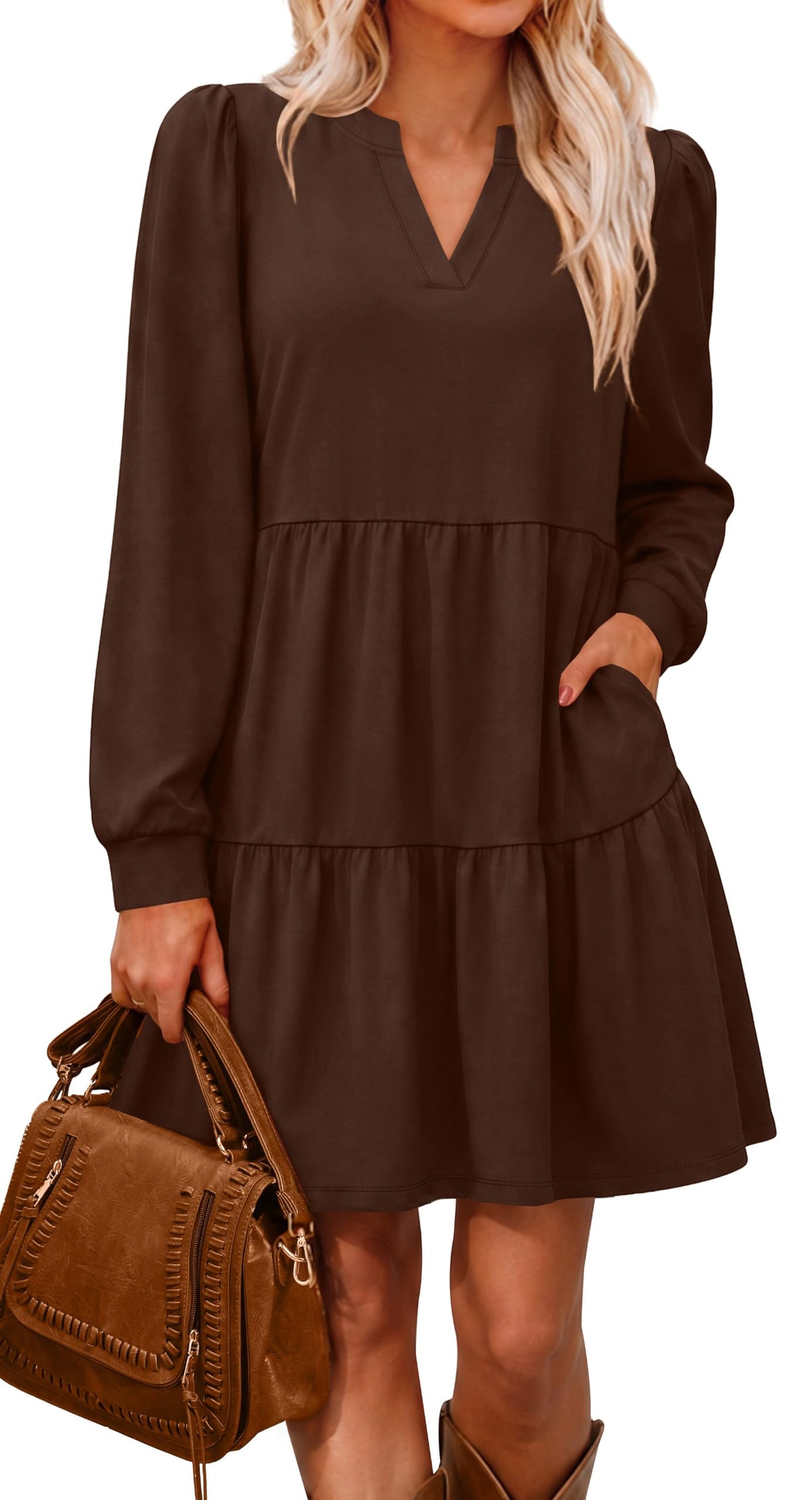 OFEEFAN Fall Dresses for Women V Neck Long Sleeve Tiered Dress with Pockets