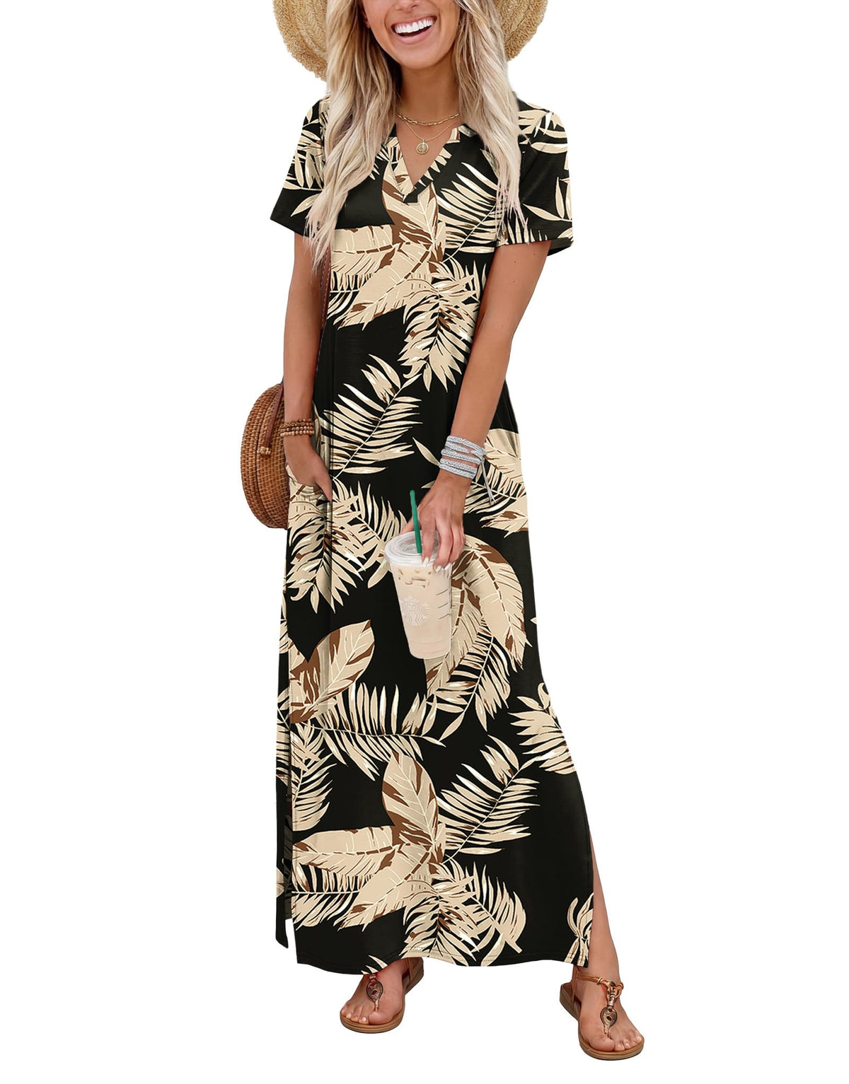 OFEEFAN Summer Dresses for Women 2026 Maxi Dress Short Sleeve Sundresses with Pockets Beach Vacation Spring Outfits
