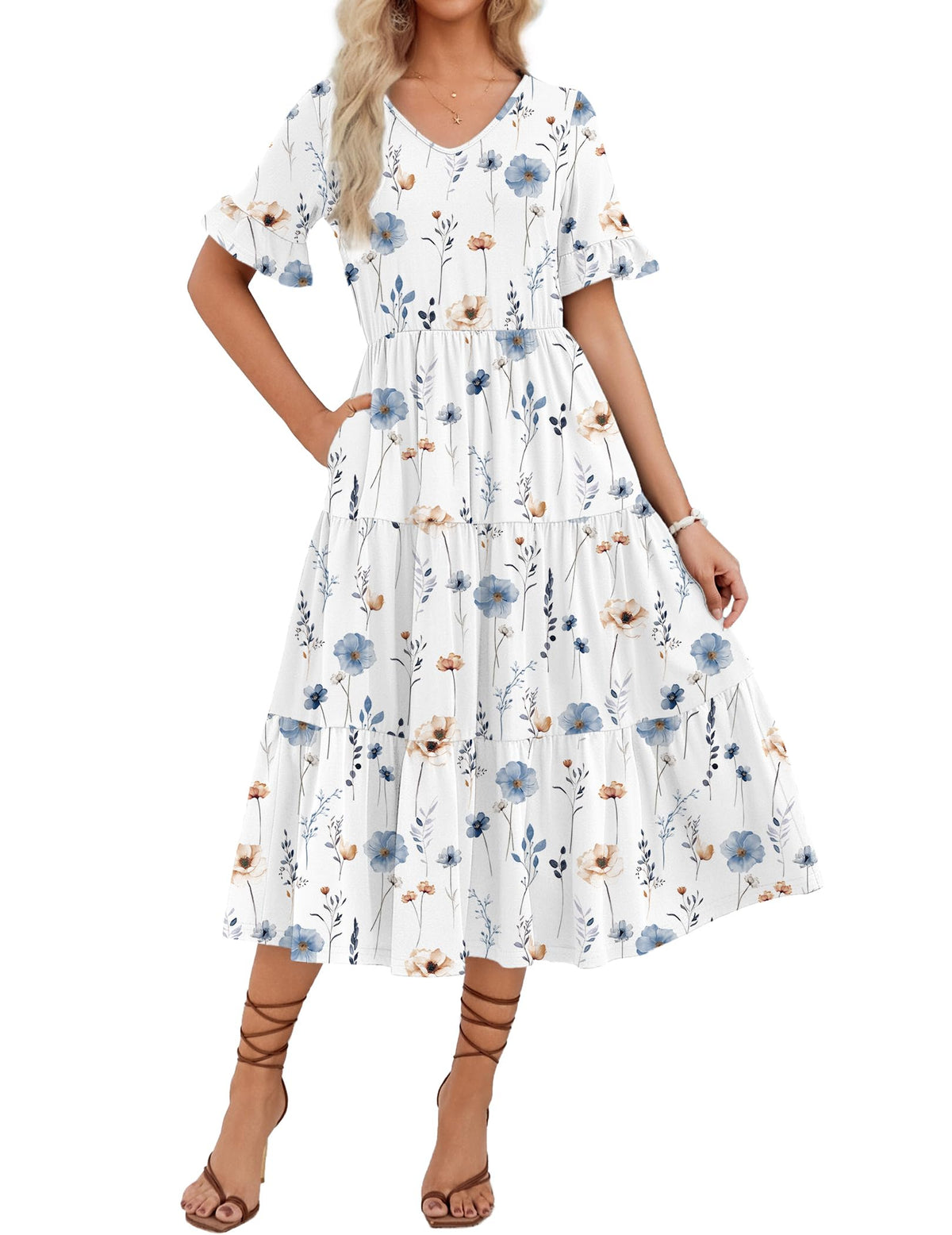 ZEAGOO Women's Summer Dresses Midi Tiered Casual Dress Floral V Neck Ruffle Short Sleeve Flowy Beach Dress with Pockets